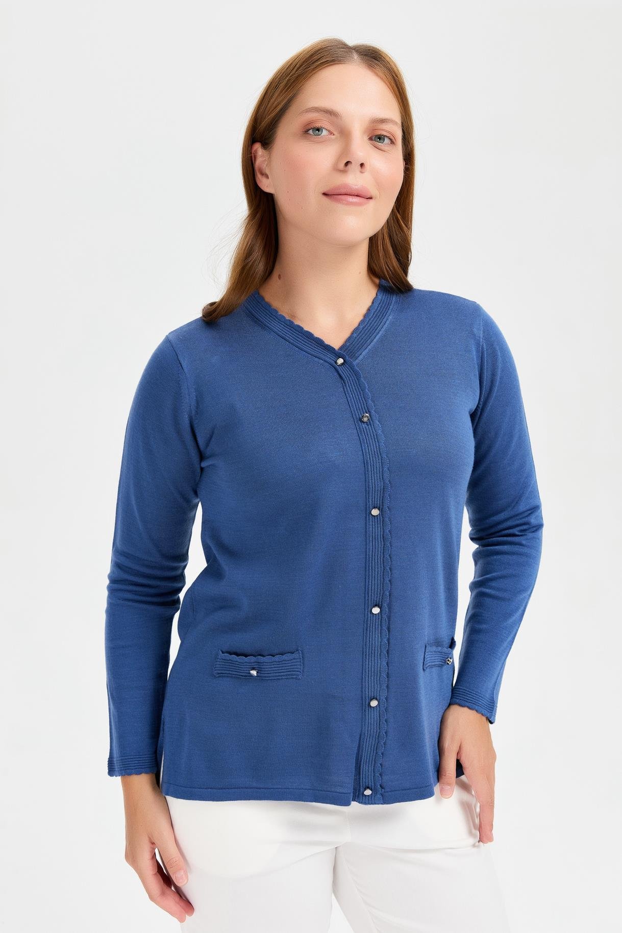 Büyük Beden Cep ve Düğme Detaylı Triko Kazak - İNDİGO