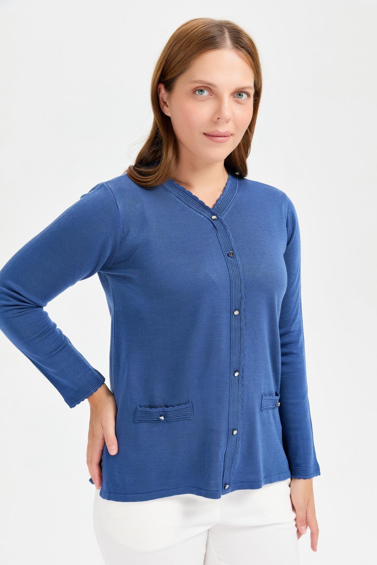 Büyük Beden Cep ve Düğme Detaylı Triko Kazak - İNDİGO