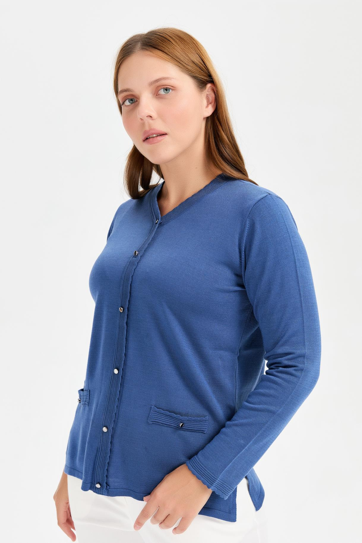 Büyük Beden Cep ve Düğme Detaylı Triko Kazak - İNDİGO