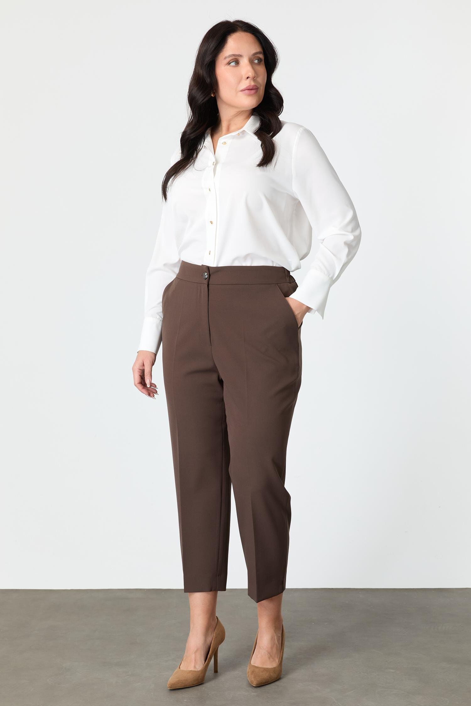 Büyük Beden Cepli Pantolon-KAHVE