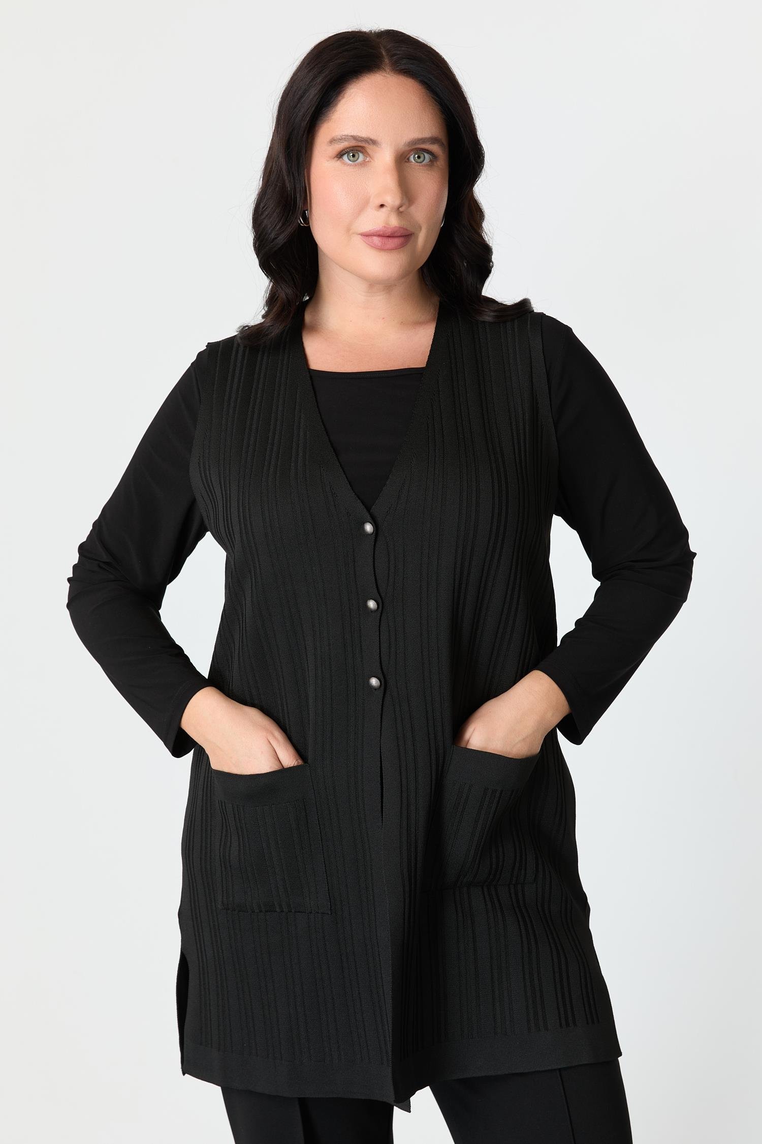 Büyük Beden Cepli Triko Yelek-SİYAH