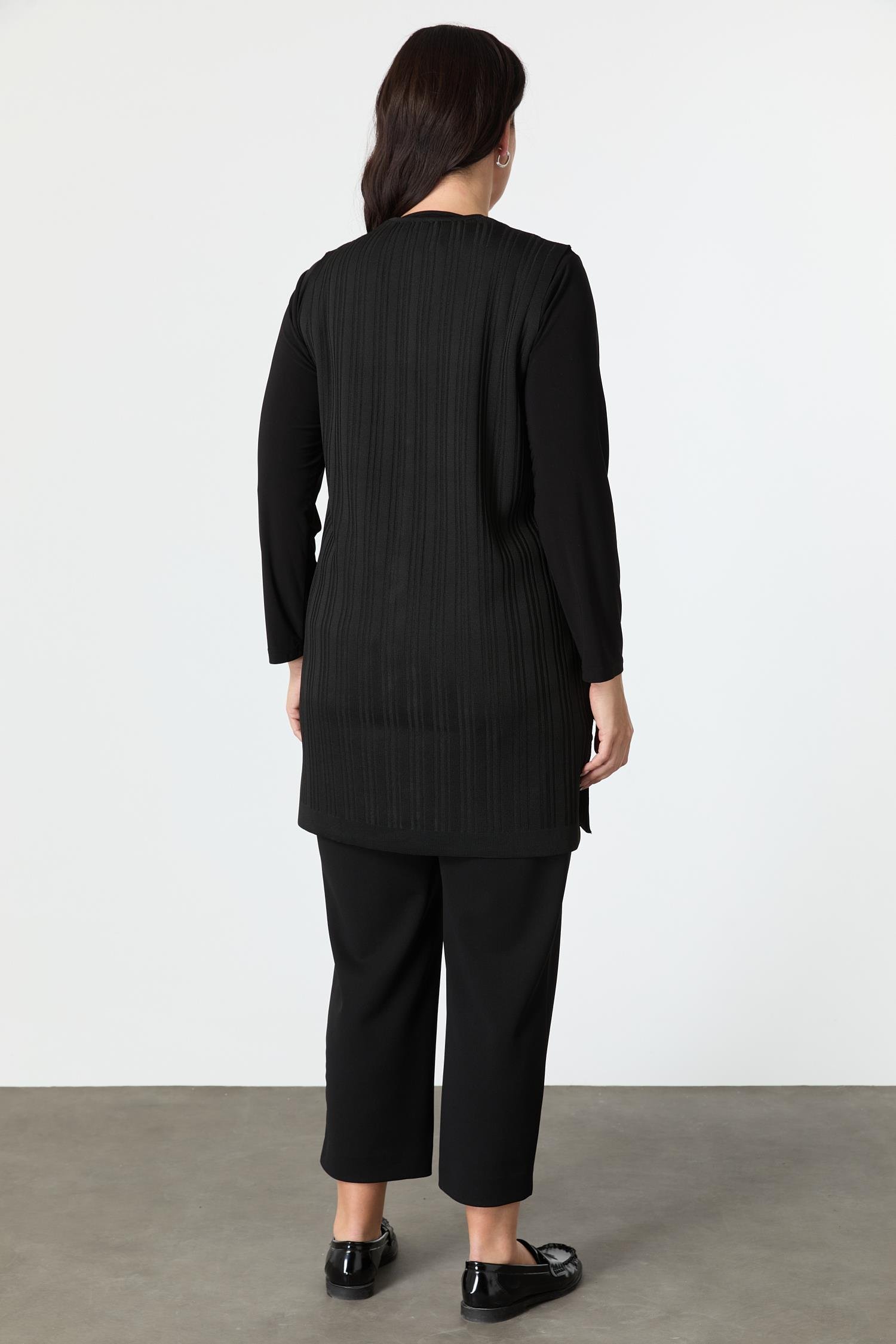 Büyük Beden Cepli Triko Yelek-SİYAH