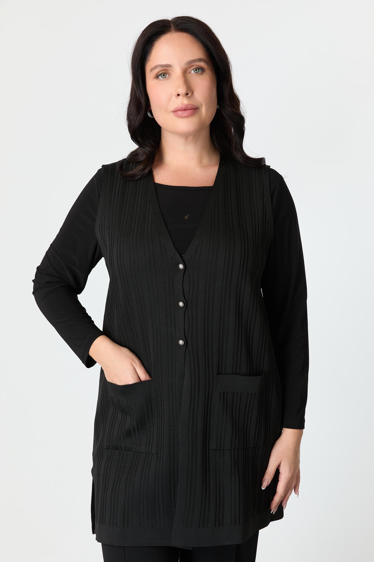 Büyük Beden Cepli Triko Yelek-SİYAH