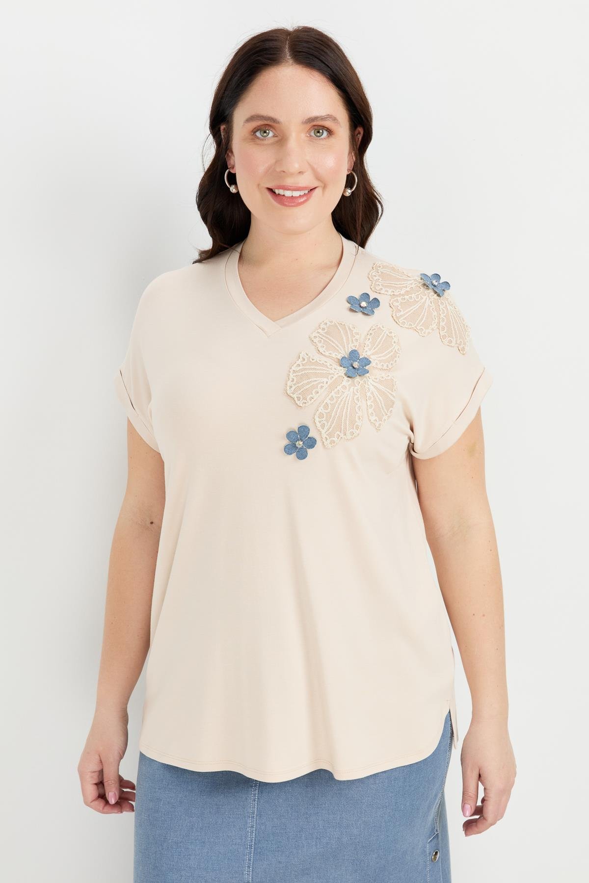 Büyük Beden Çiçek Baskı Penye Bluz-BEJ