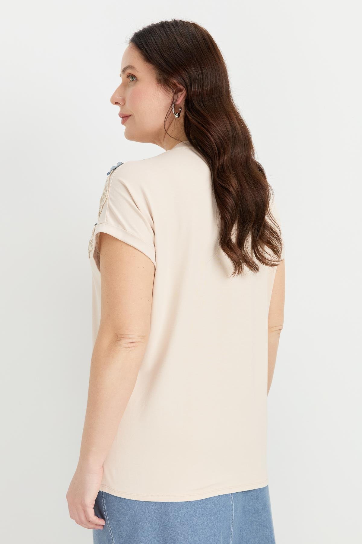 Büyük Beden Çiçek Baskı Penye Bluz-BEJ