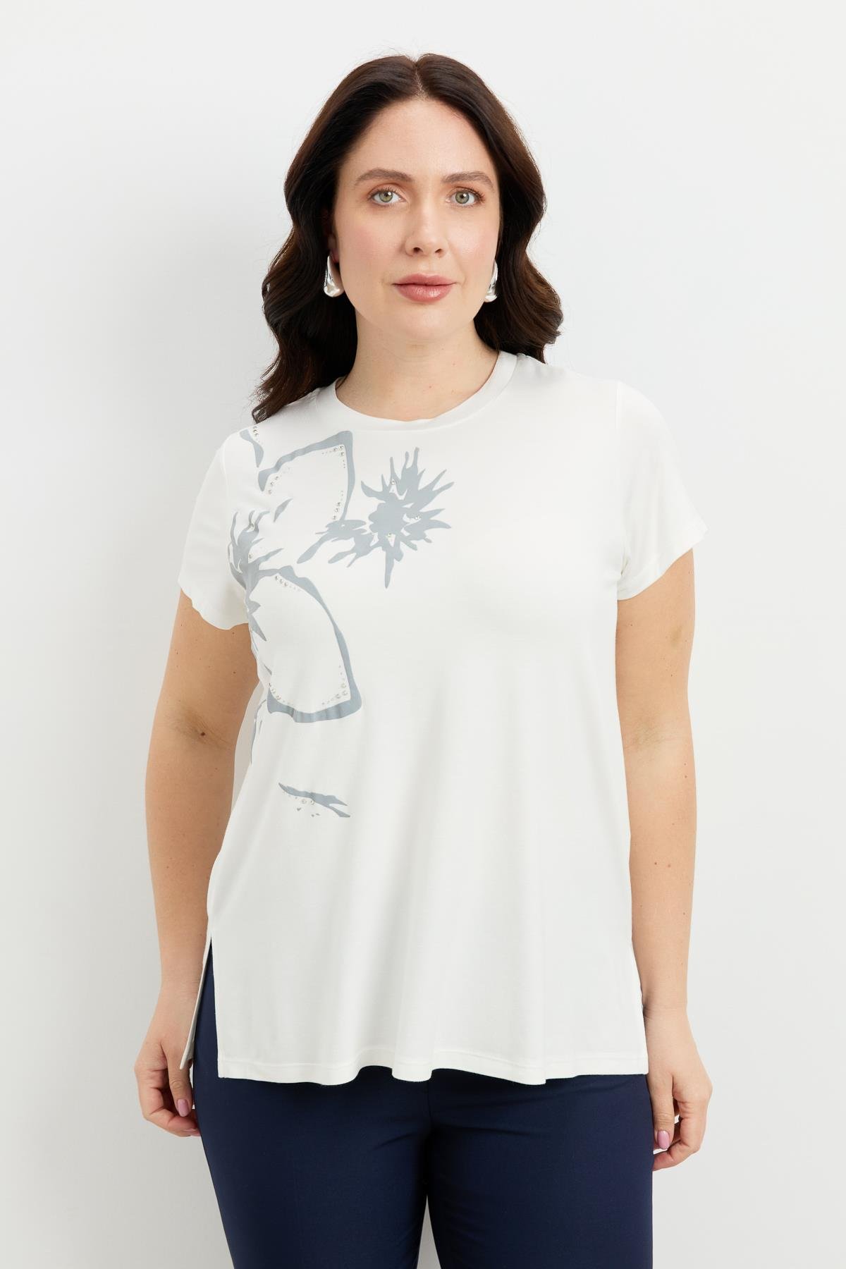 Büyük Beden Çiçek Baskılı Bluz-GRİ