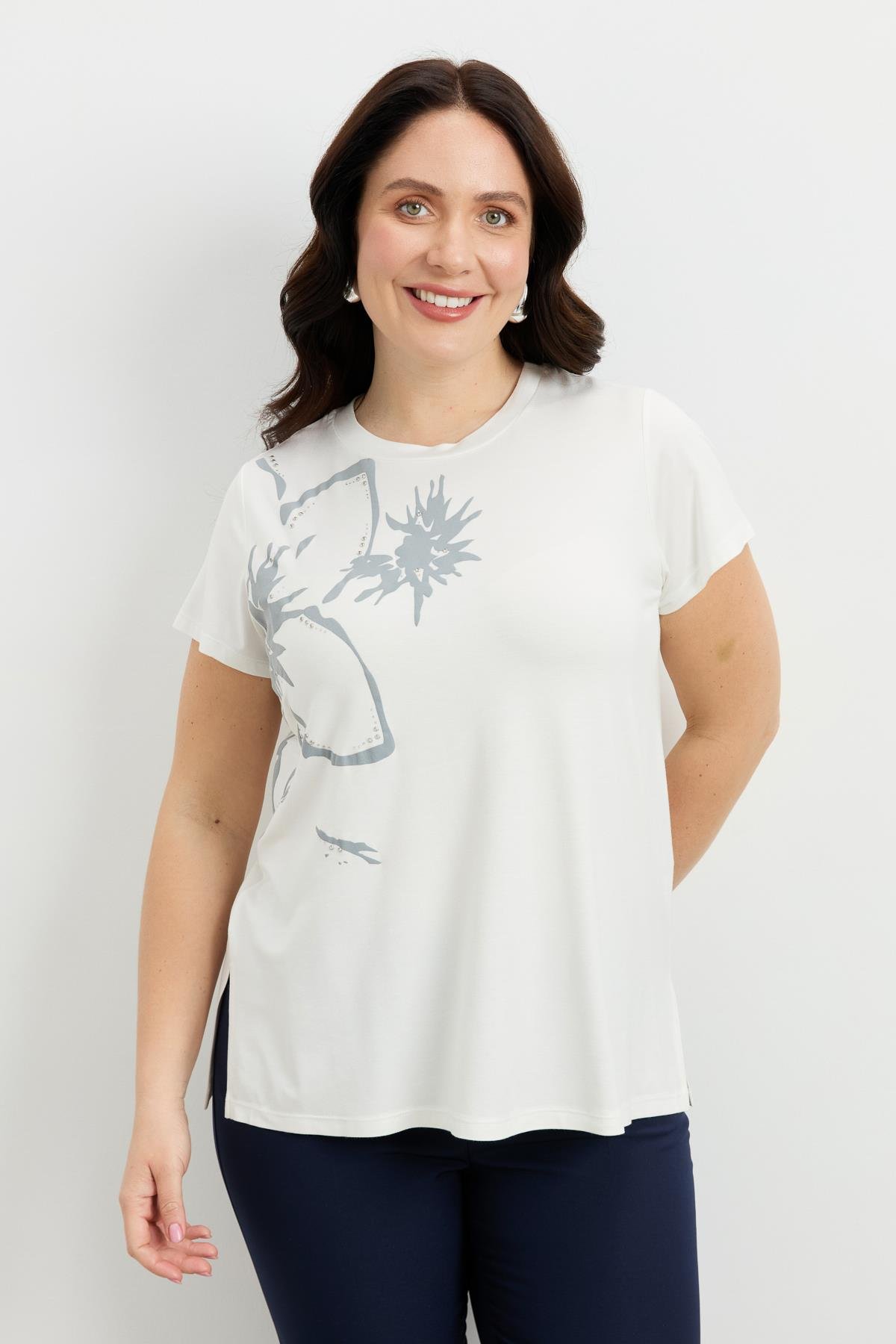 Büyük Beden Çiçek Baskılı Bluz-GRİ