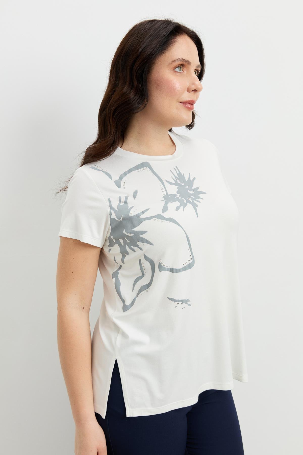 Büyük Beden Çiçek Baskılı Bluz-GRİ