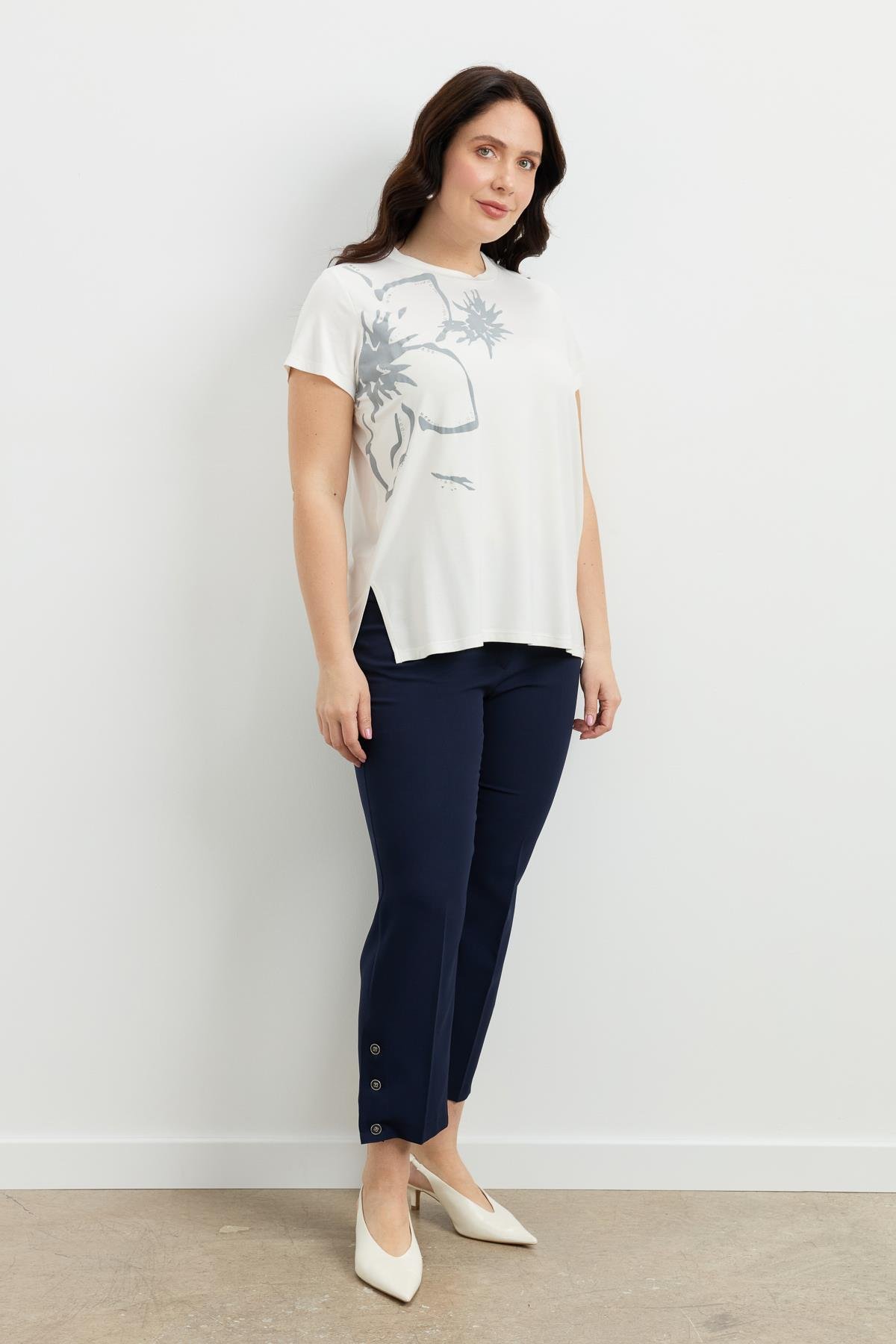 Büyük Beden Çiçek Baskılı Bluz-GRİ