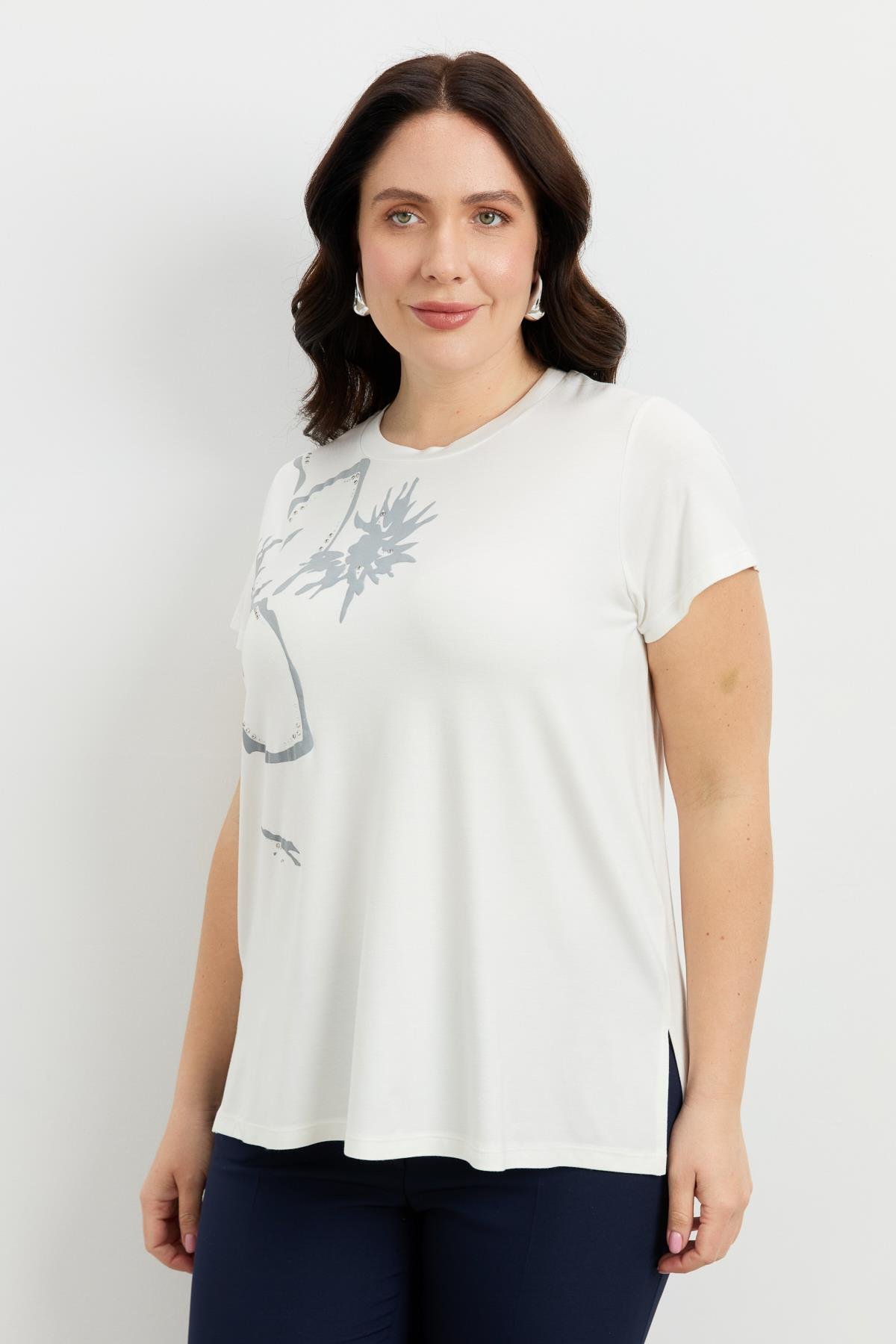 Büyük Beden Çiçek Baskılı Bluz-GRİ