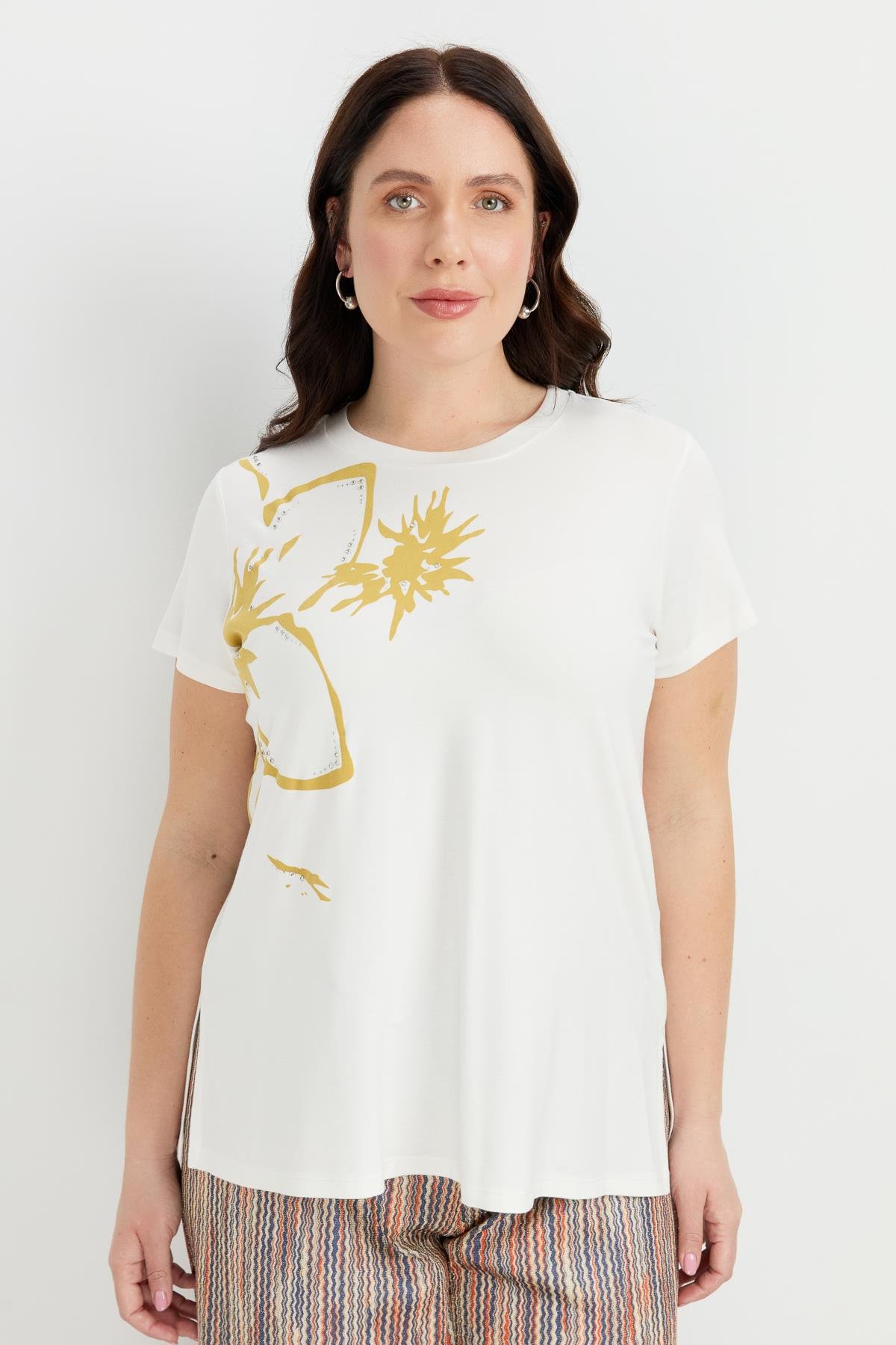 Büyük Beden Çiçek Baskılı Bluz-SARI