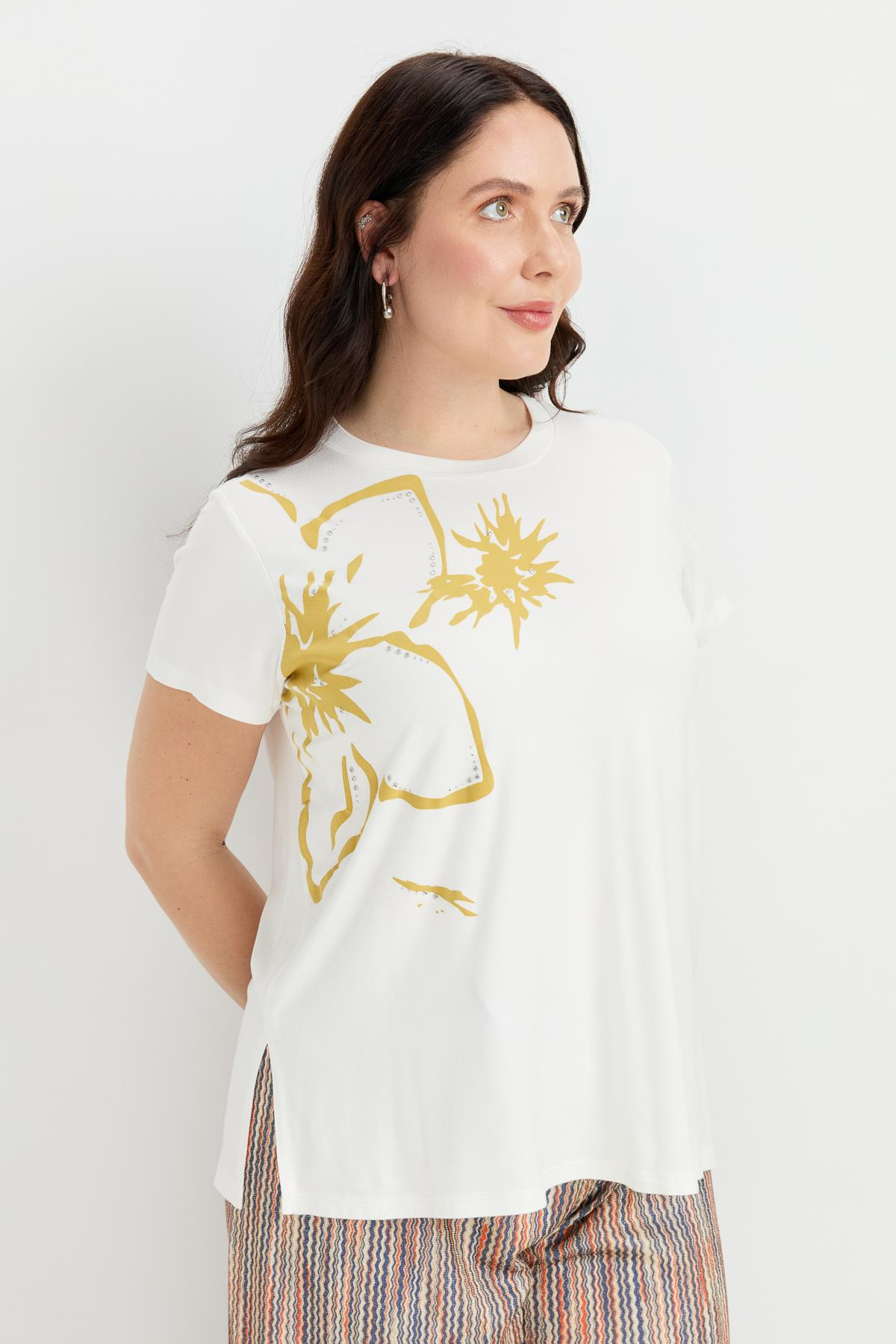 Büyük Beden Çiçek Baskılı Bluz-SARI