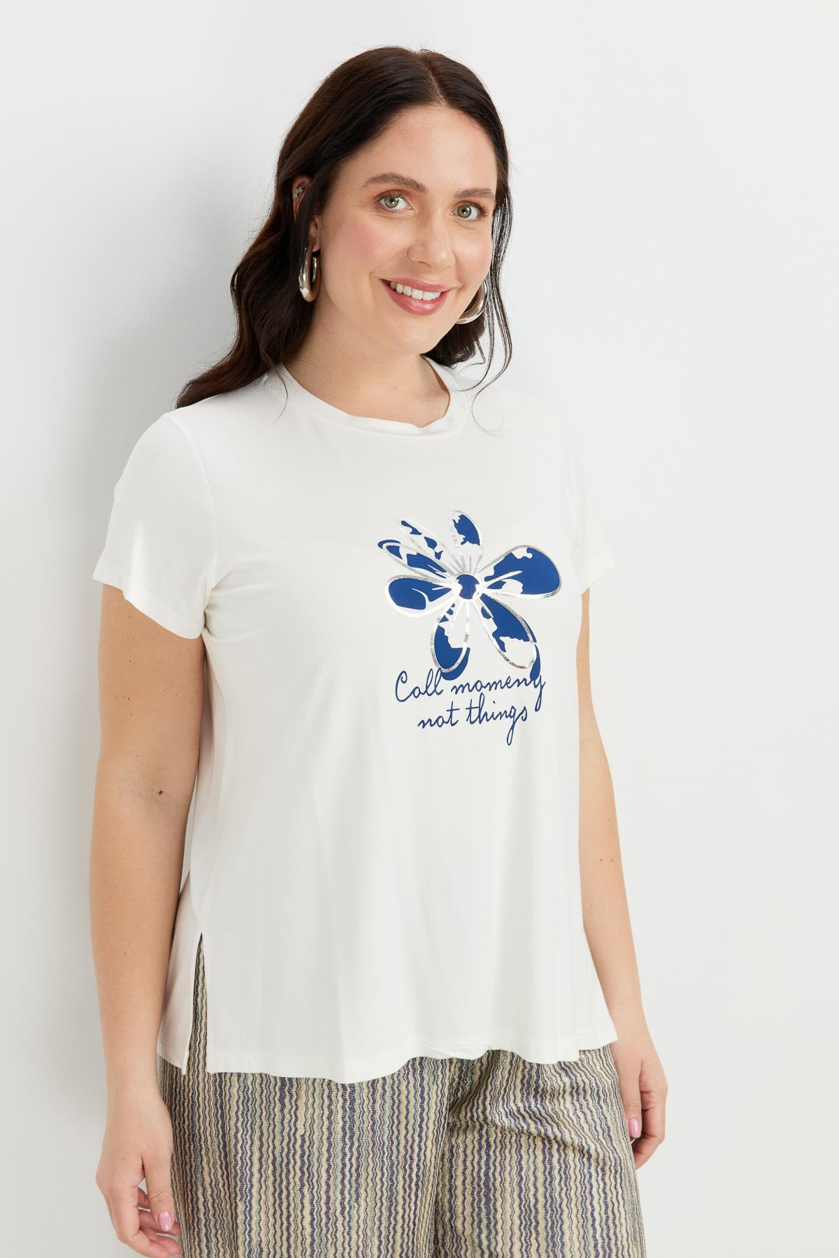 Büyük Beden Çiçek Desen Bluz-KEMIK