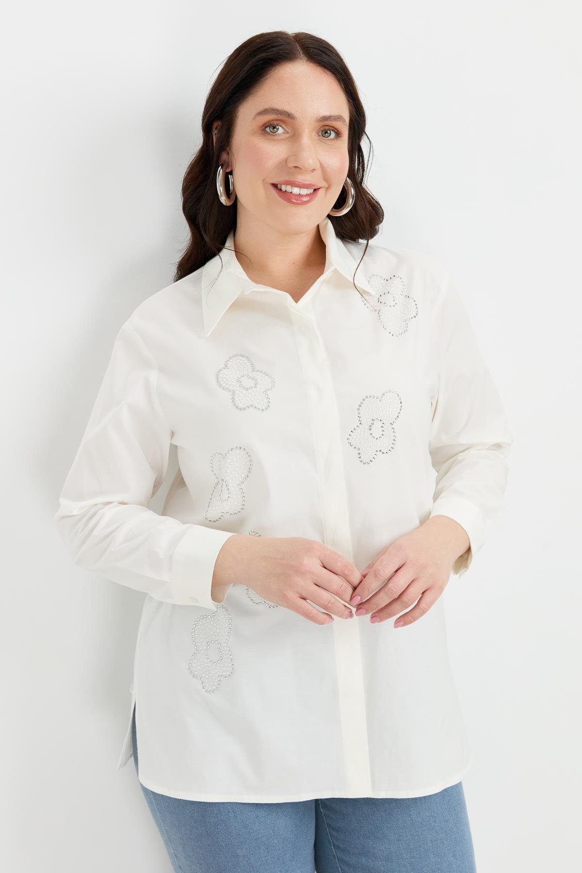 Büyük Beden Çiçek Desenli Gömlek-KEMIK