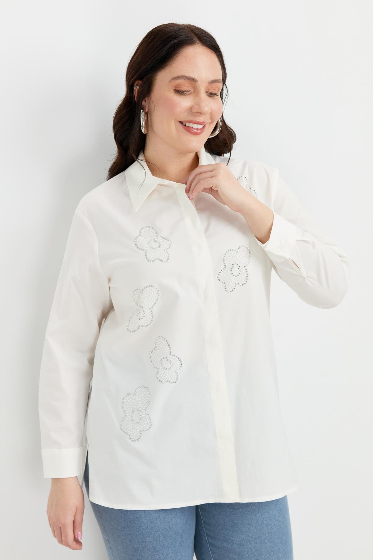 Büyük Beden Çiçek Desenli Gömlek-KEMIK