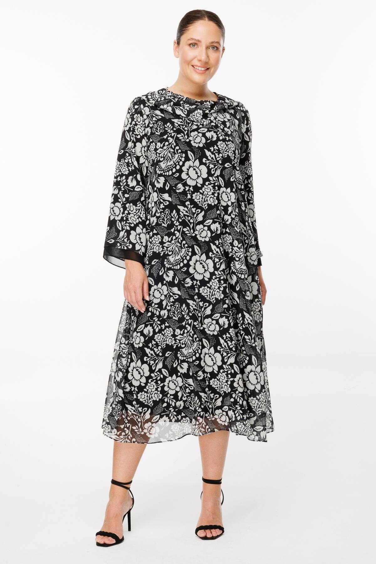 Büyük Beden Çiçek Desenli Şifon Elbise - SİYAH
