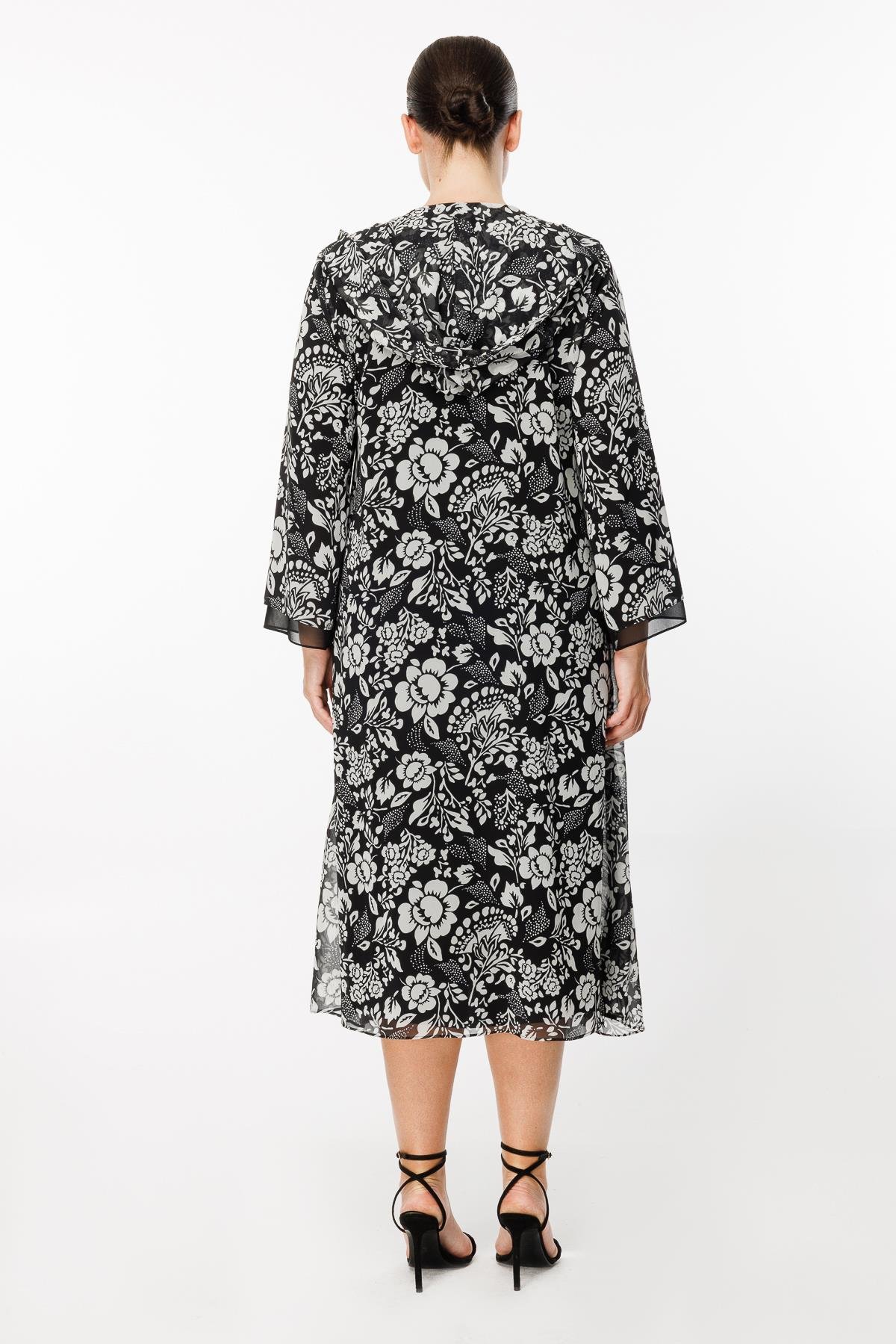 Büyük Beden Çiçek Desenli Şifon Elbise - SİYAH