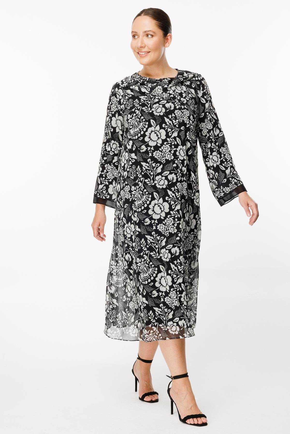 Büyük Beden Çiçek Desenli Şifon Elbise - SİYAH