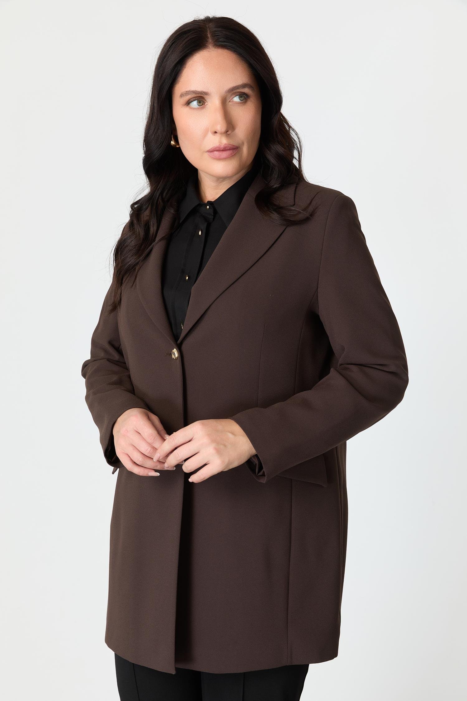 Büyük Beden Çift Düğmeli Krep Ceket-KAHVE