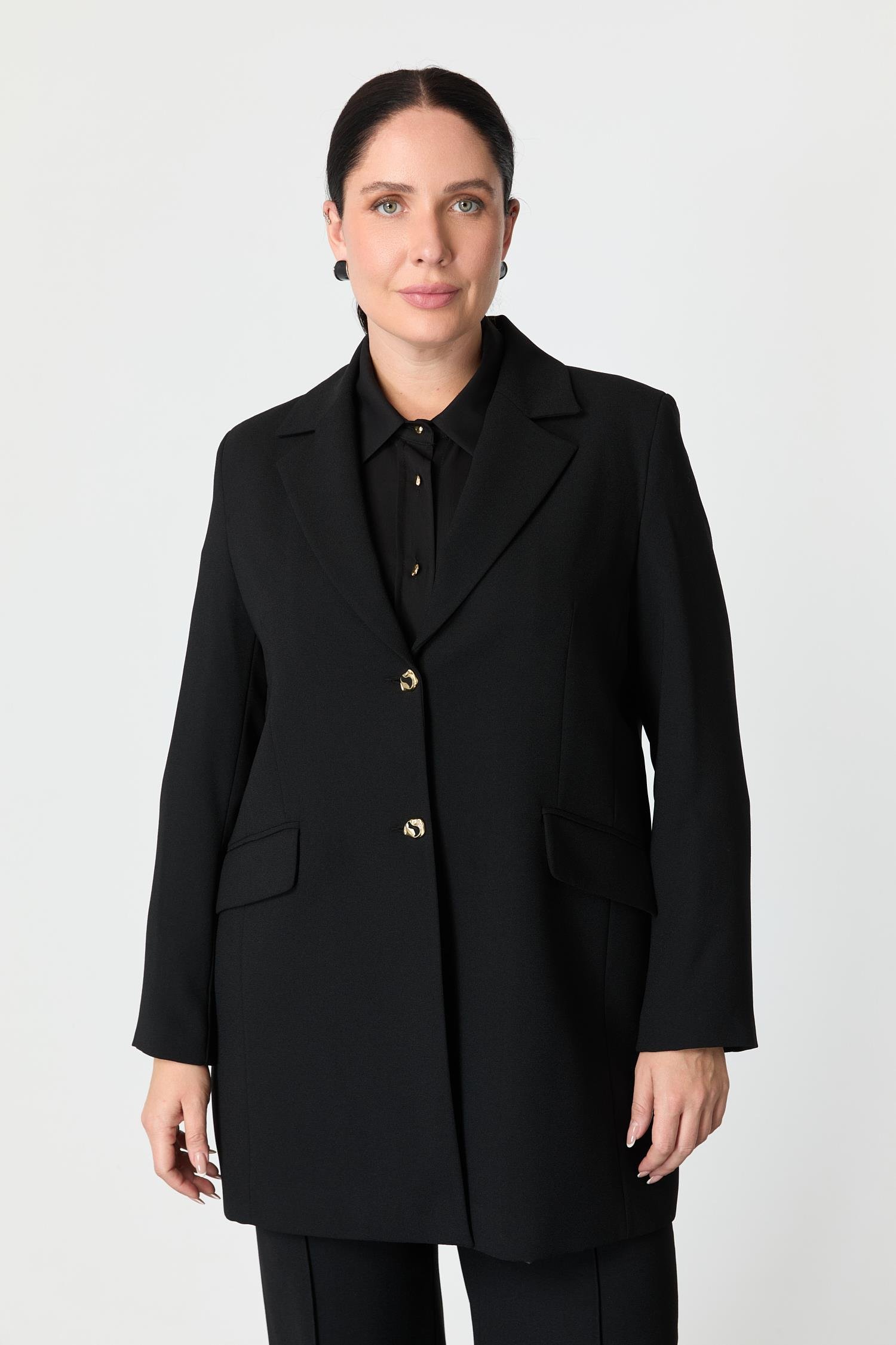 Büyük Beden Çift Düğmeli Krep Ceket-SİYAH