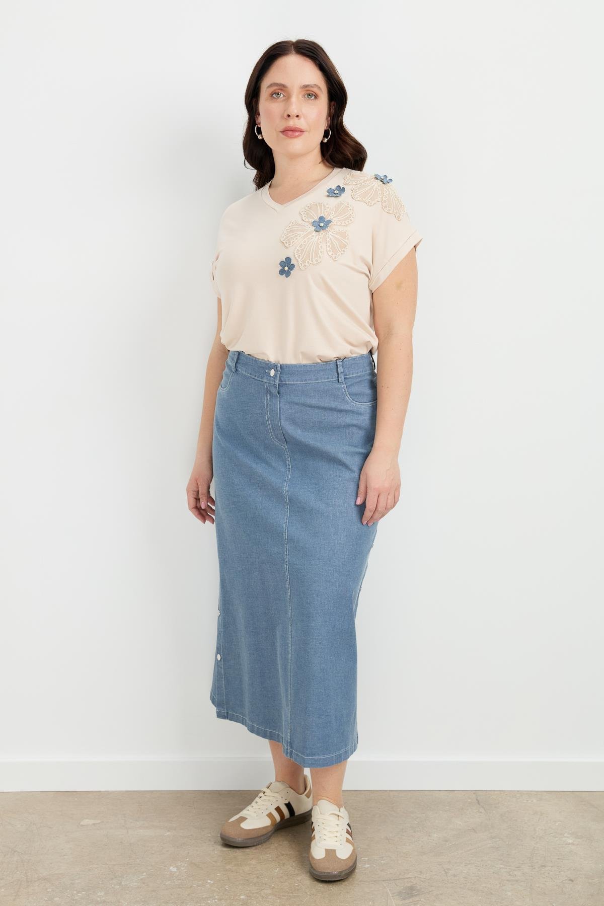 Büyük Beden Çıtçıt Detaylı Kot Etek-MAVİ