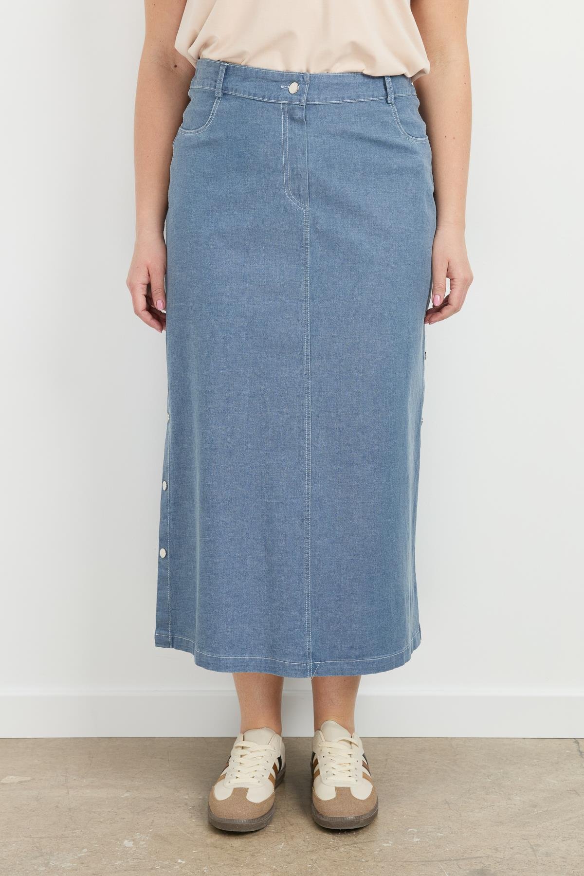 Büyük Beden Çıtçıt Detaylı Kot Etek-MAVİ