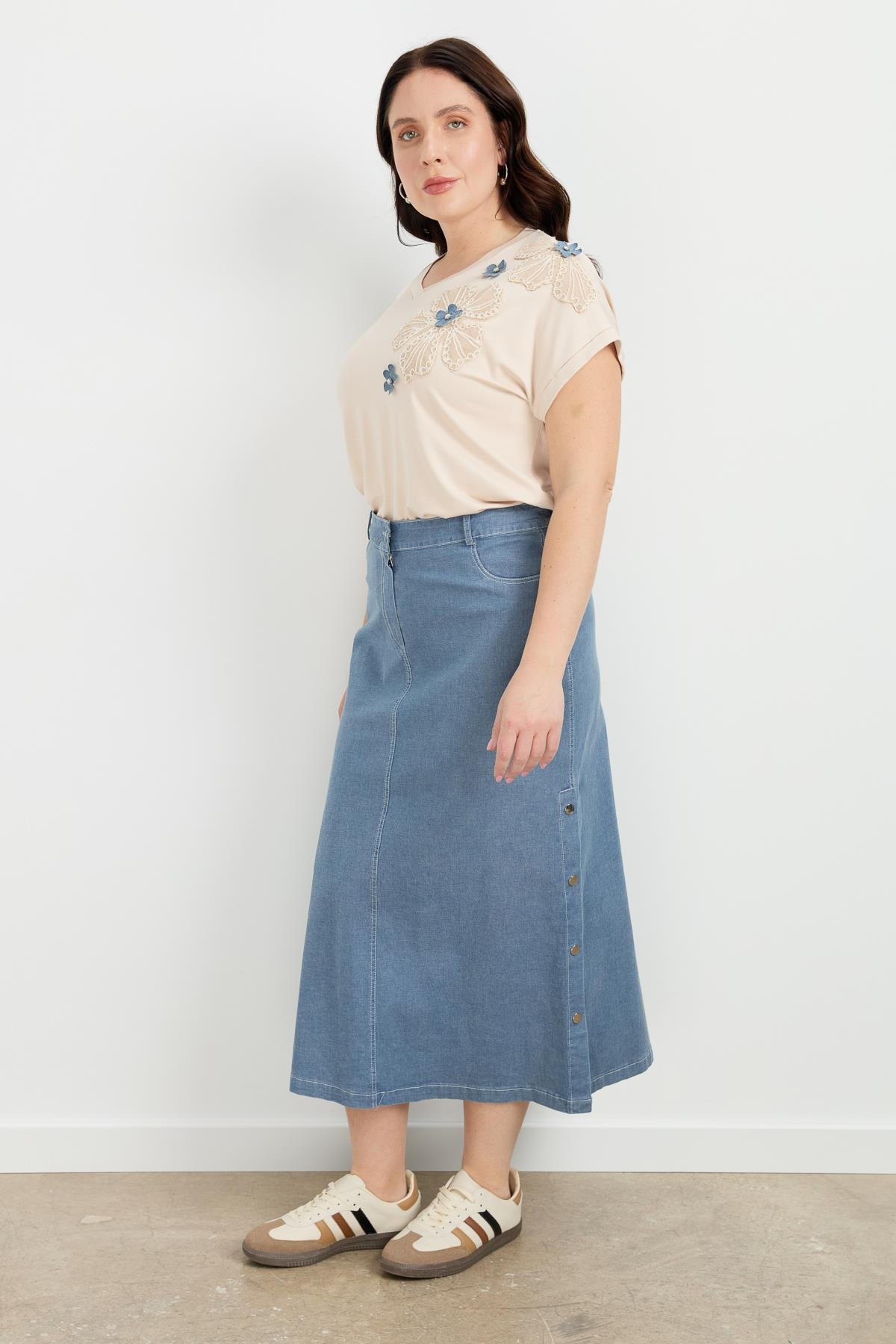 Büyük Beden Çıtçıt Detaylı Kot Etek-MAVİ