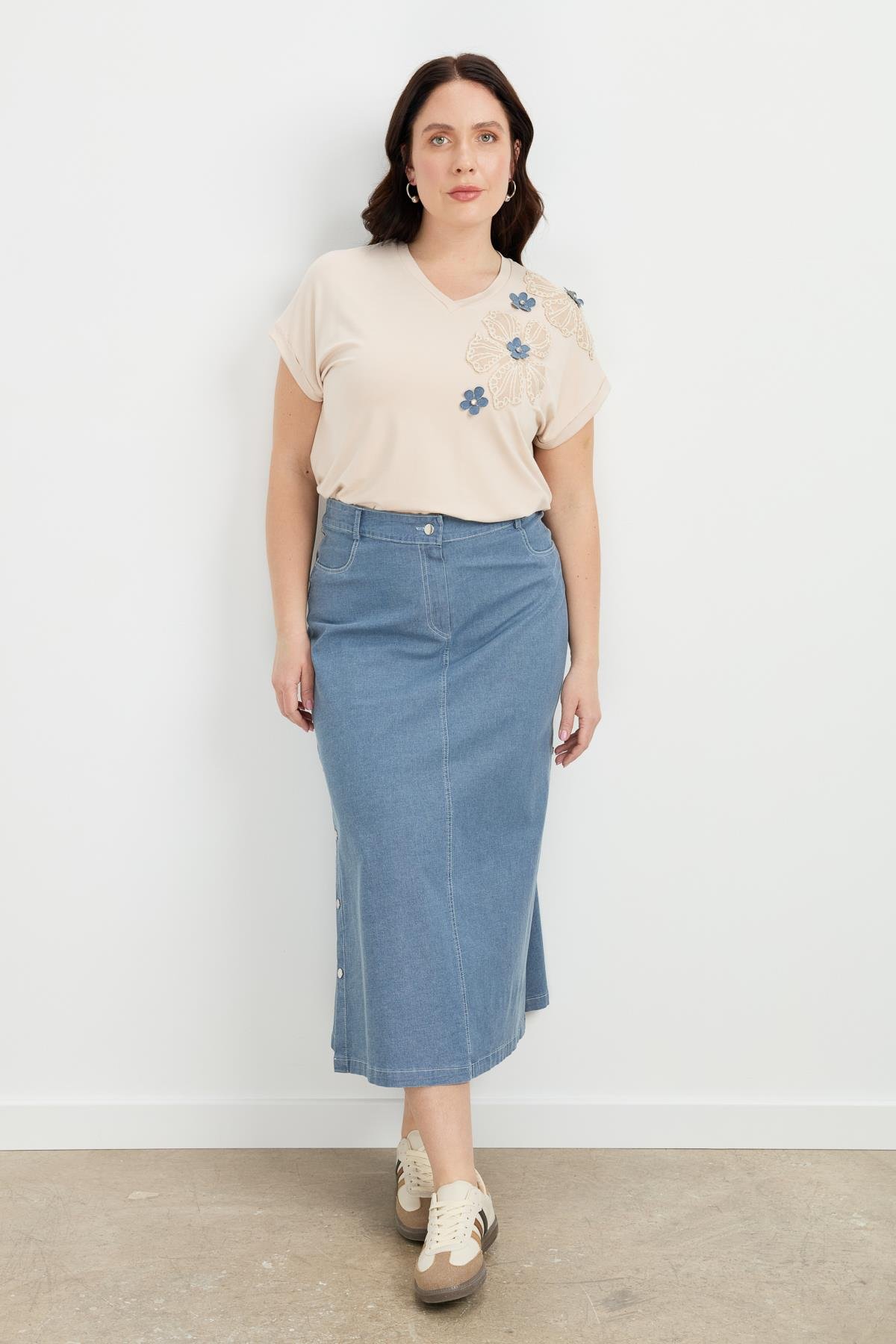 Büyük Beden Çıtçıt Detaylı Kot Etek-MAVİ