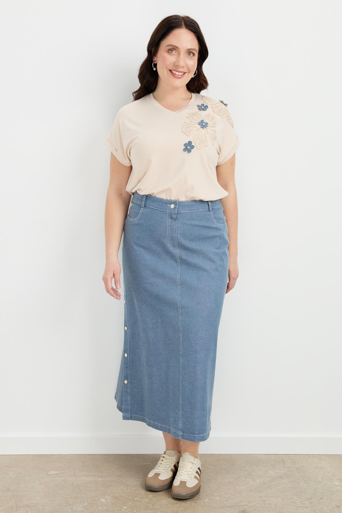 Büyük Beden Çıtçıt Detaylı Kot Etek-MAVİ