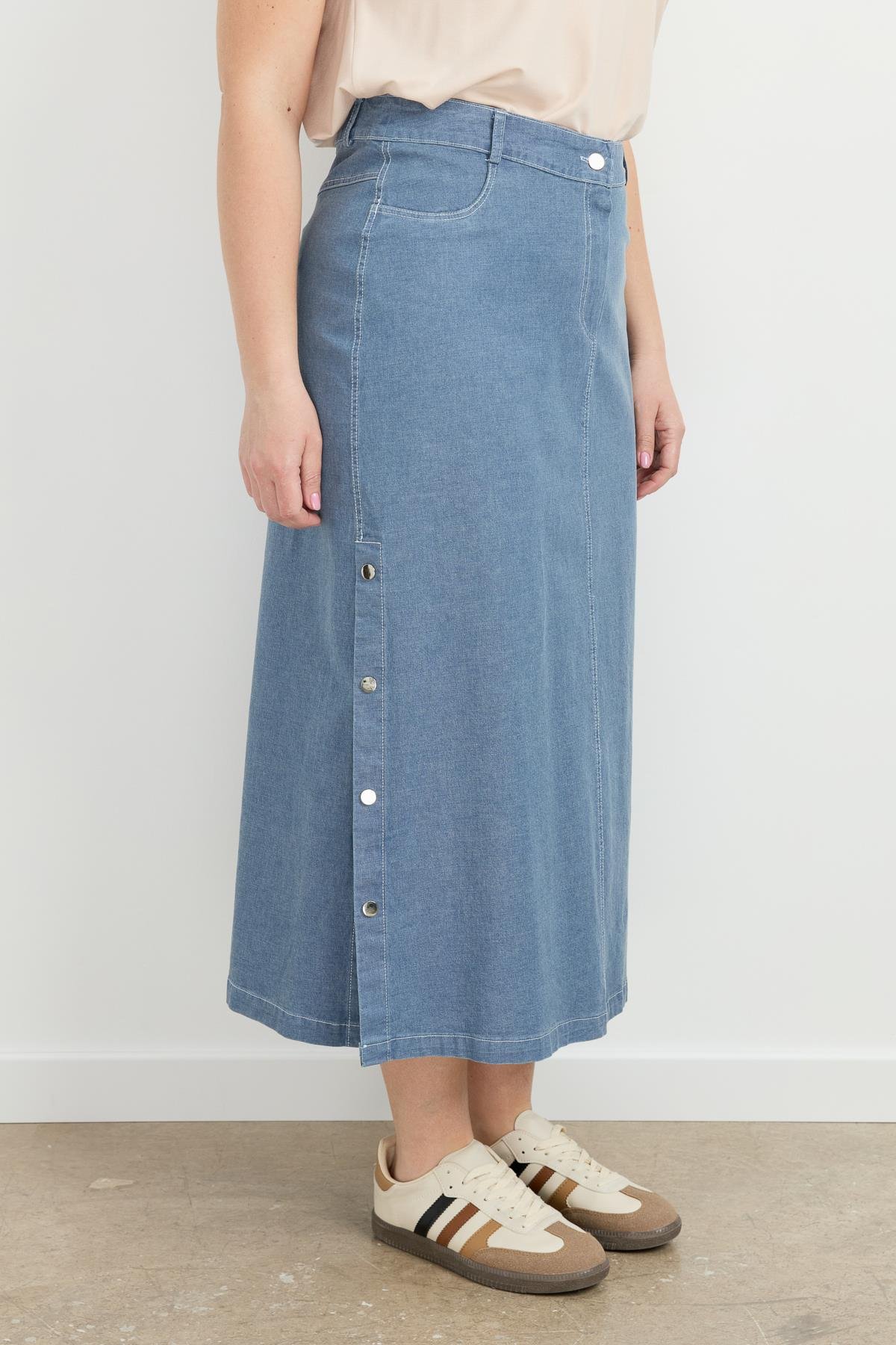 Büyük Beden Çıtçıt Detaylı Kot Etek-MAVİ