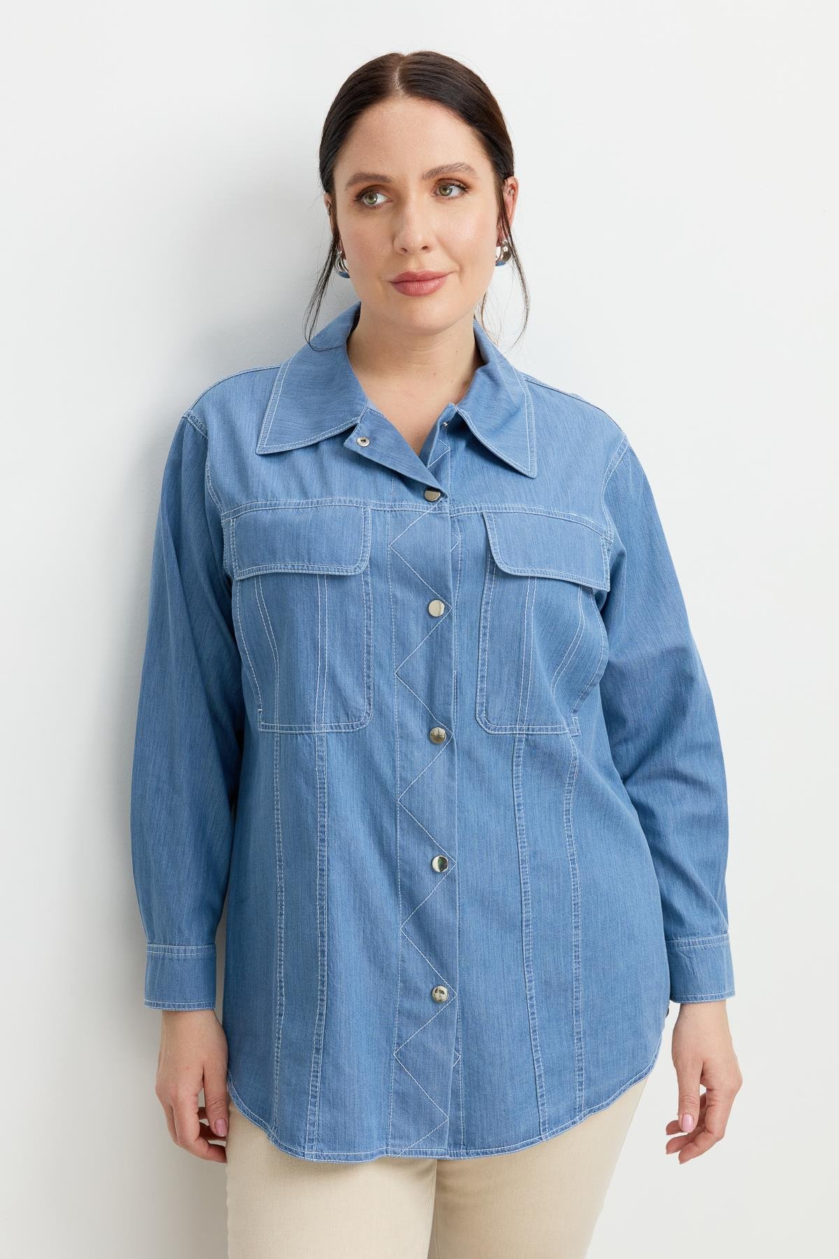 Büyük Beden Çıtçıt Düğme Kot Gömlek-MAVİ