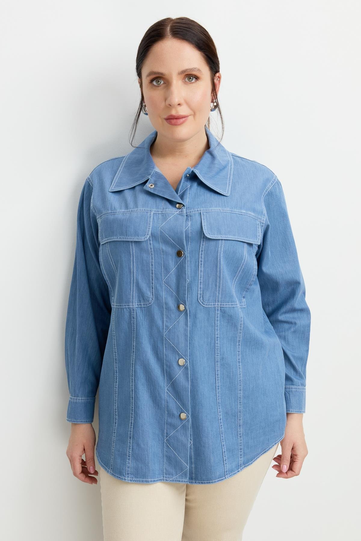 Büyük Beden Çıtçıt Düğme Kot Gömlek-MAVİ