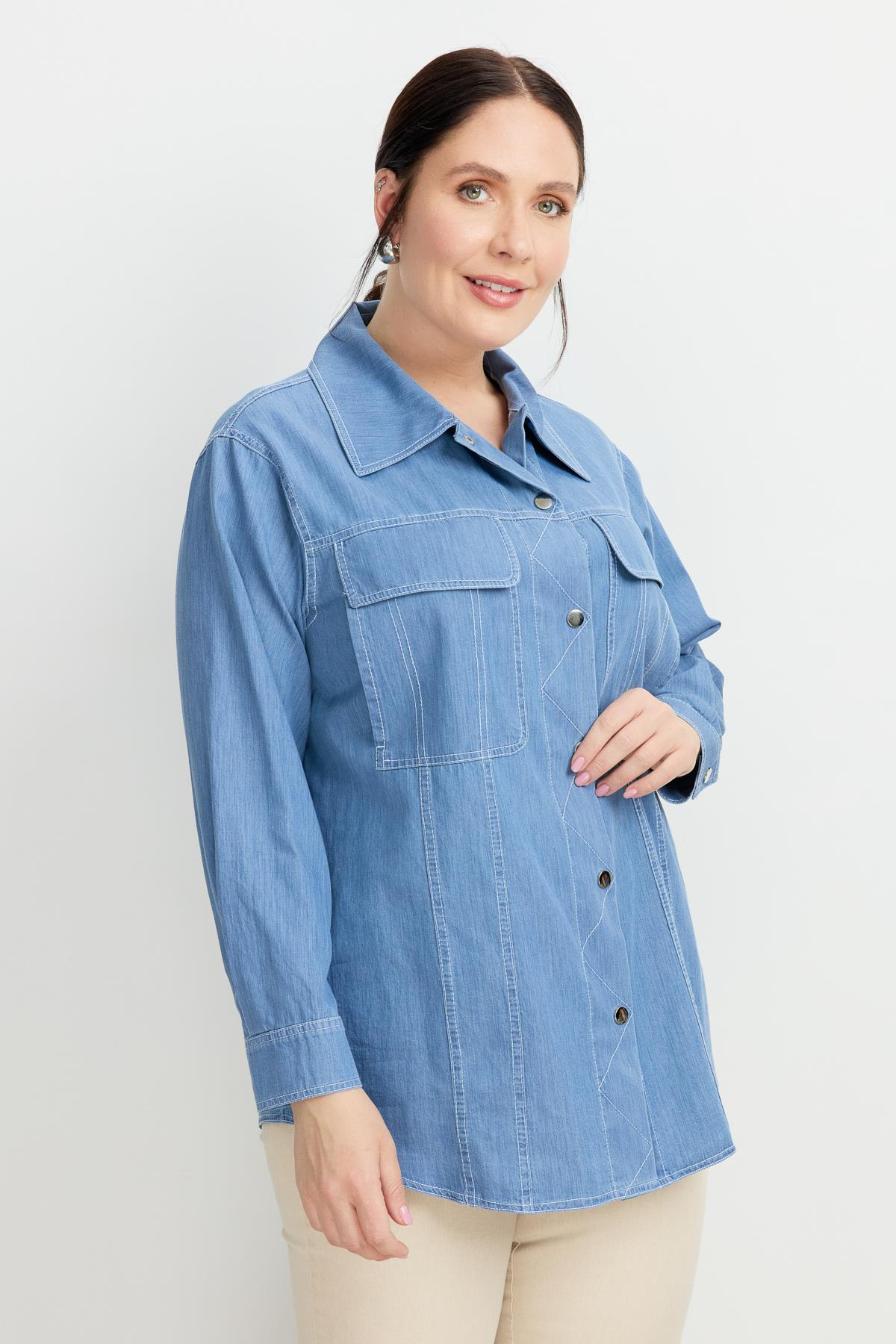 Büyük Beden Çıtçıt Düğme Kot Gömlek-MAVİ