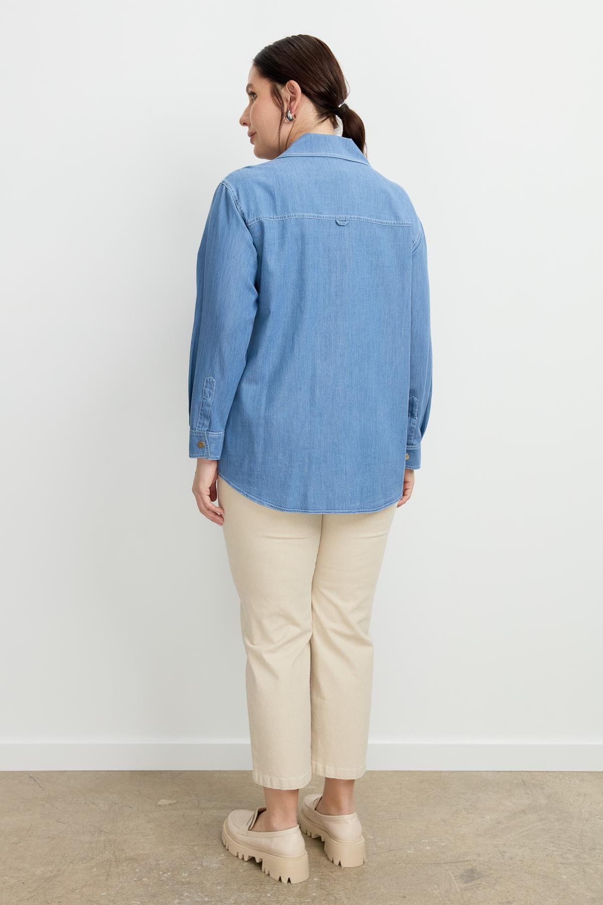 Büyük Beden Çıtçıt Düğme Kot Gömlek-MAVİ