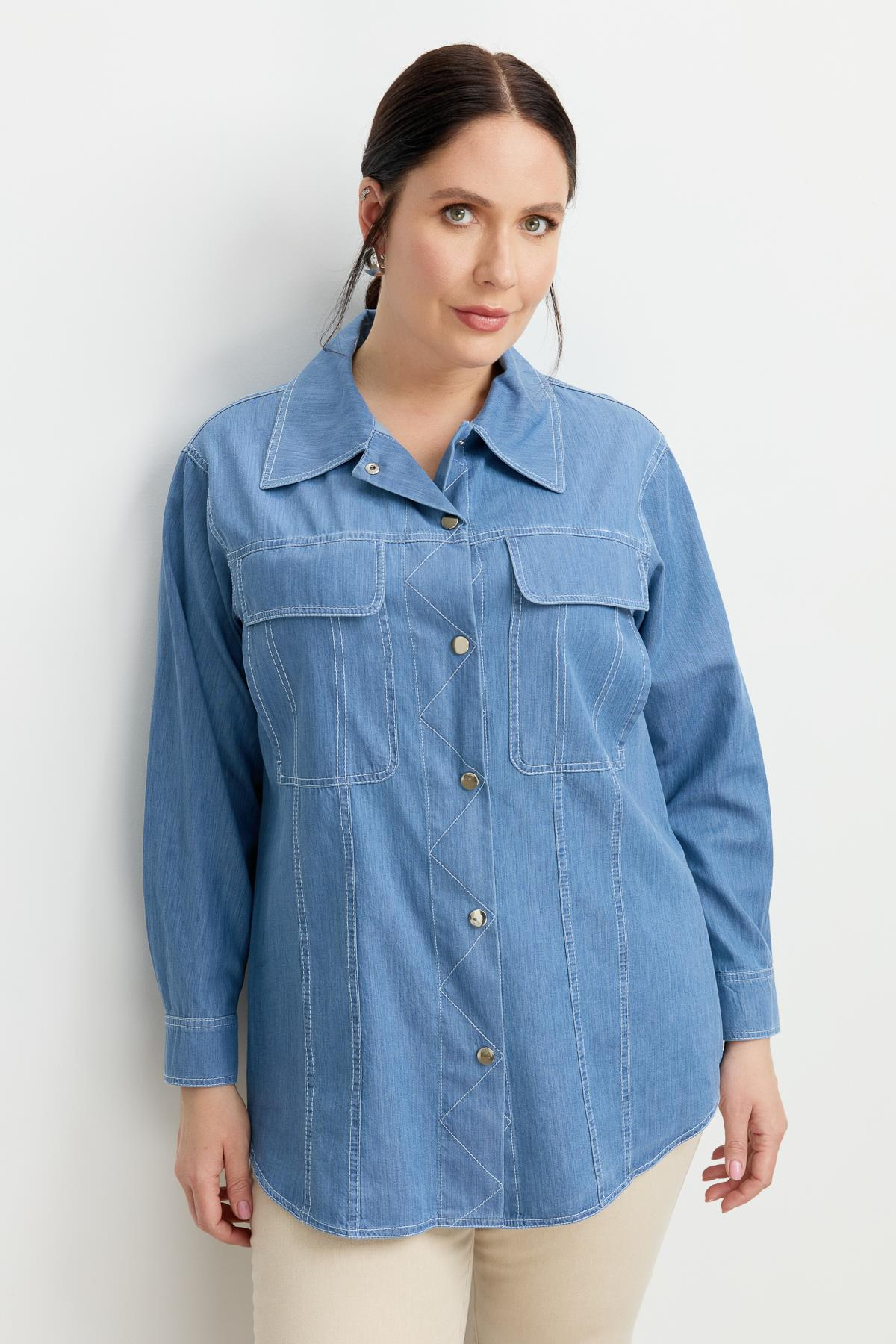 Büyük Beden Çıtçıt Düğme Kot Gömlek-MAVİ