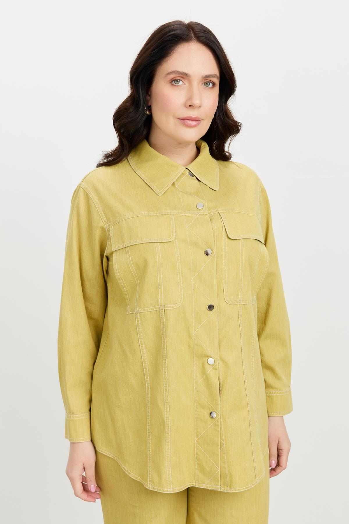 Büyük Beden Çıtçıt Düğme Kot Gömlek-SARI