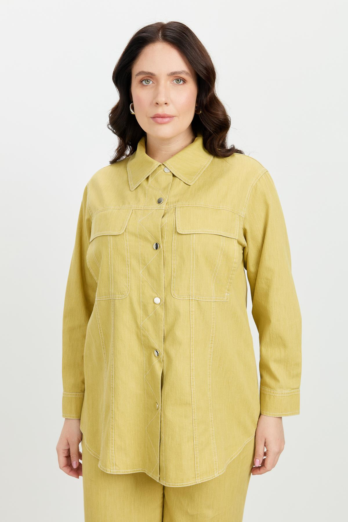 Büyük Beden Çıtçıt Düğme Kot Gömlek-SARI