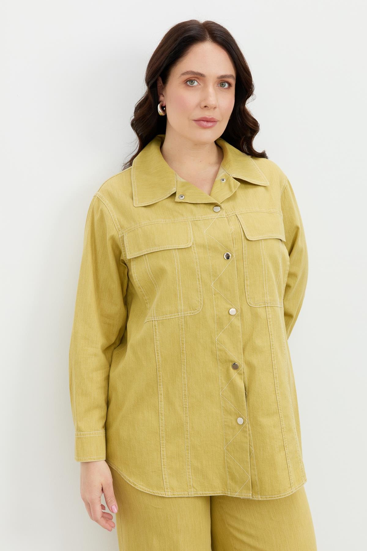 Büyük Beden Çıtçıt Düğme Kot Gömlek-SARI