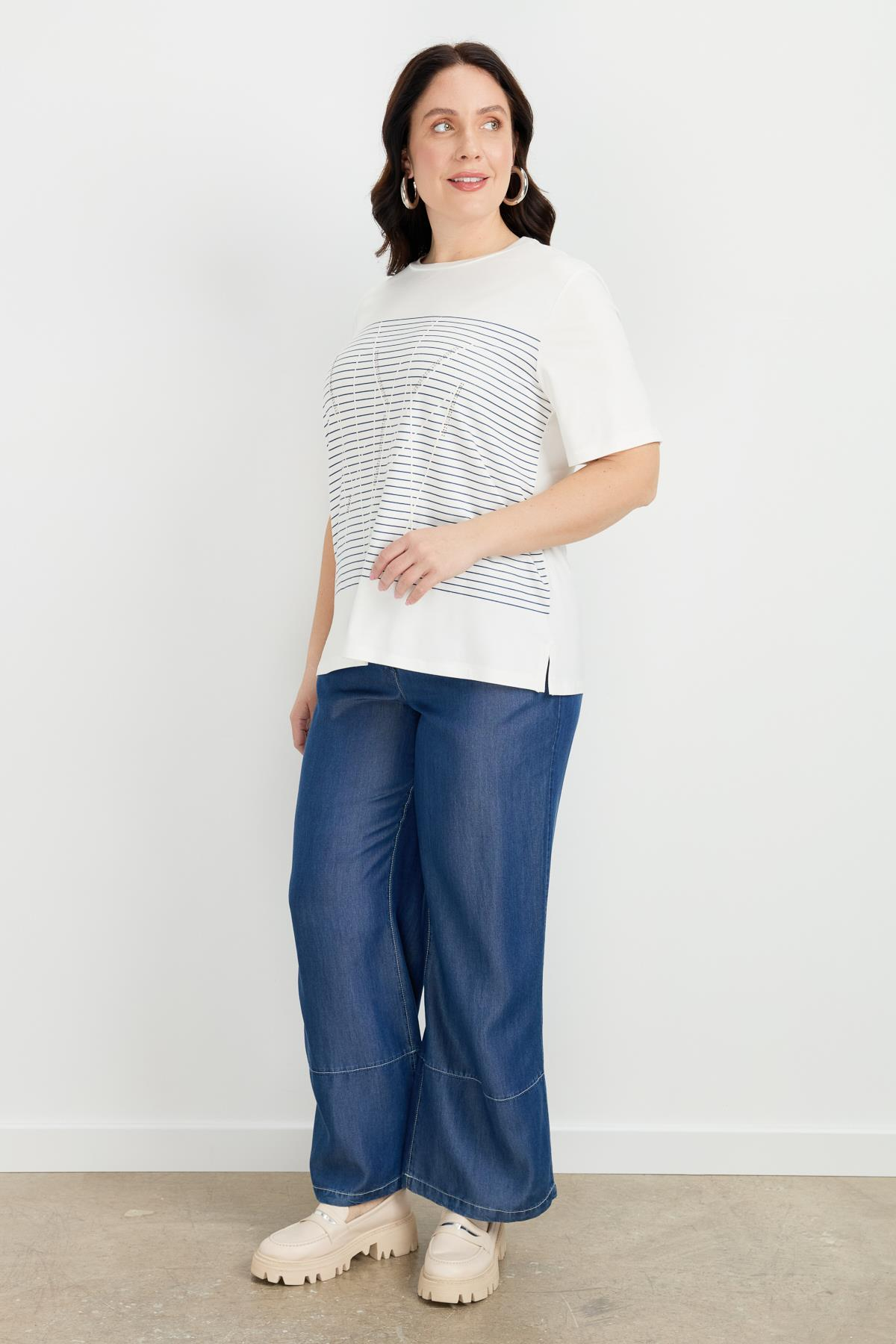 Büyük Beden Çizgi Desen Bluz-İNDİGO