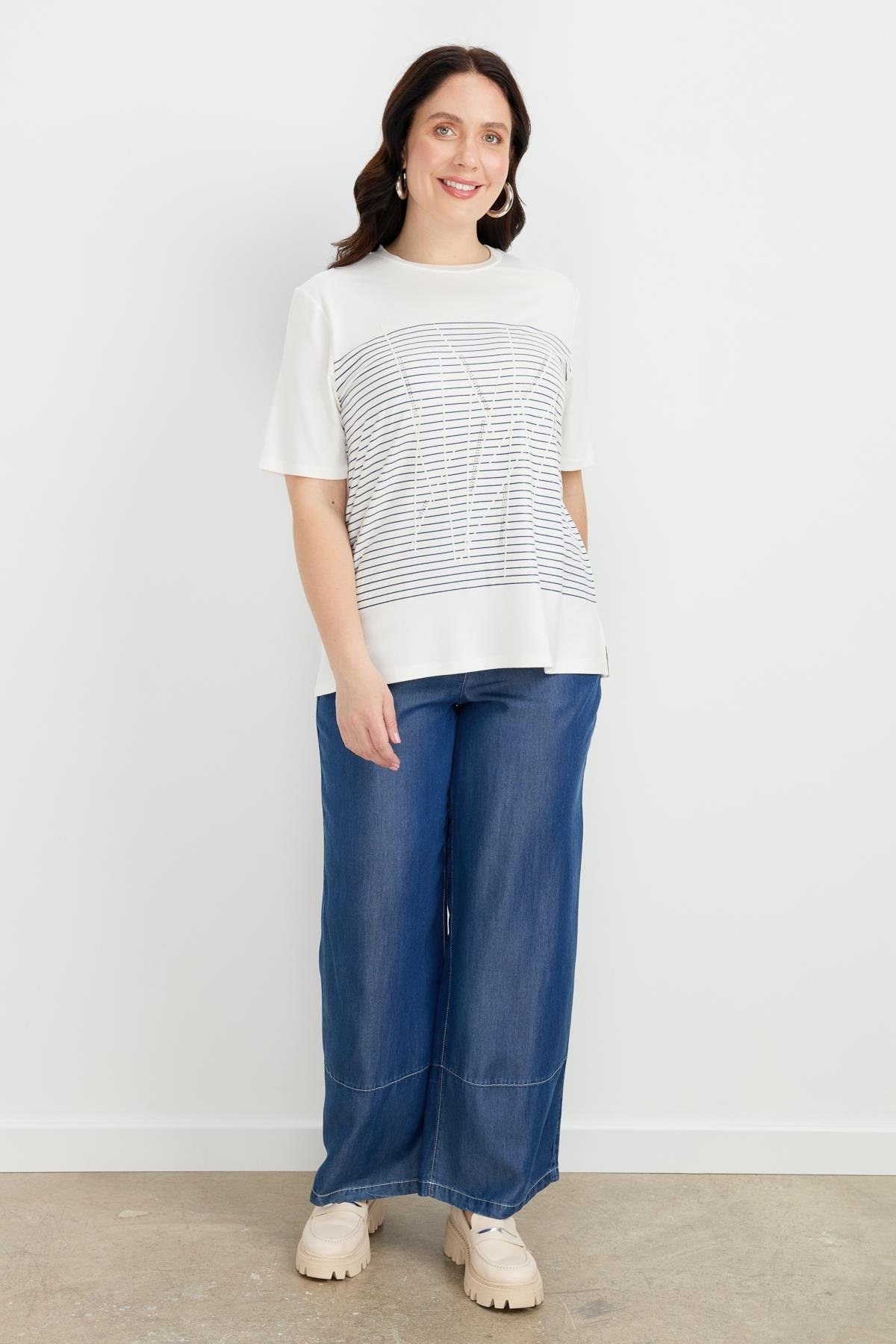 Büyük Beden Çizgi Desen Bluz-İNDİGO