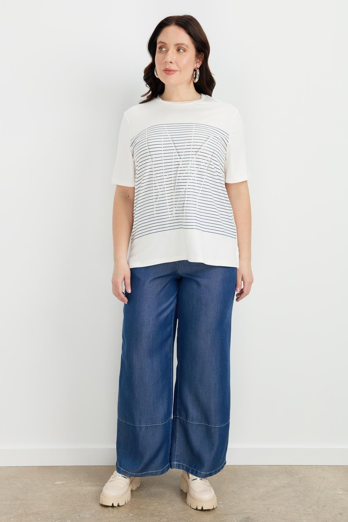 Büyük Beden Çizgi Desen Bluz-İNDİGO