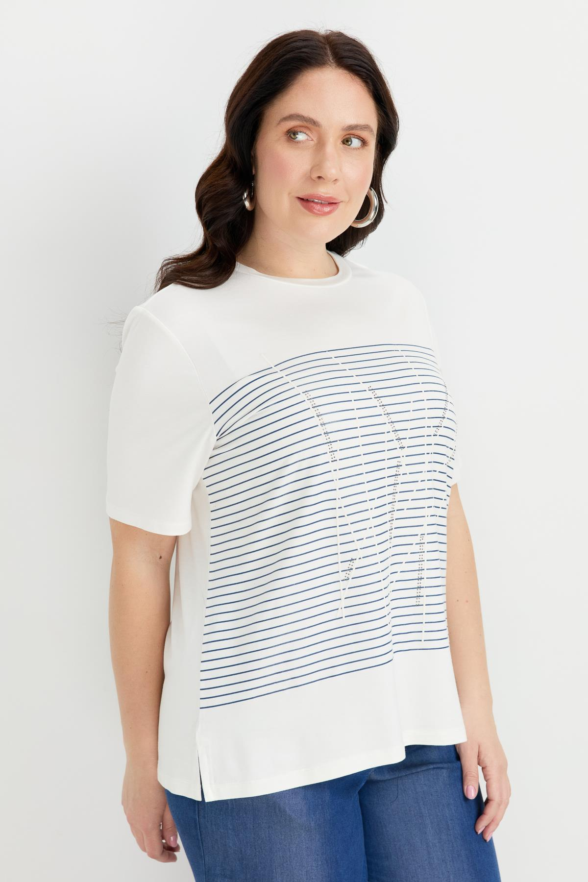 Büyük Beden Çizgi Desen Bluz-İNDİGO
