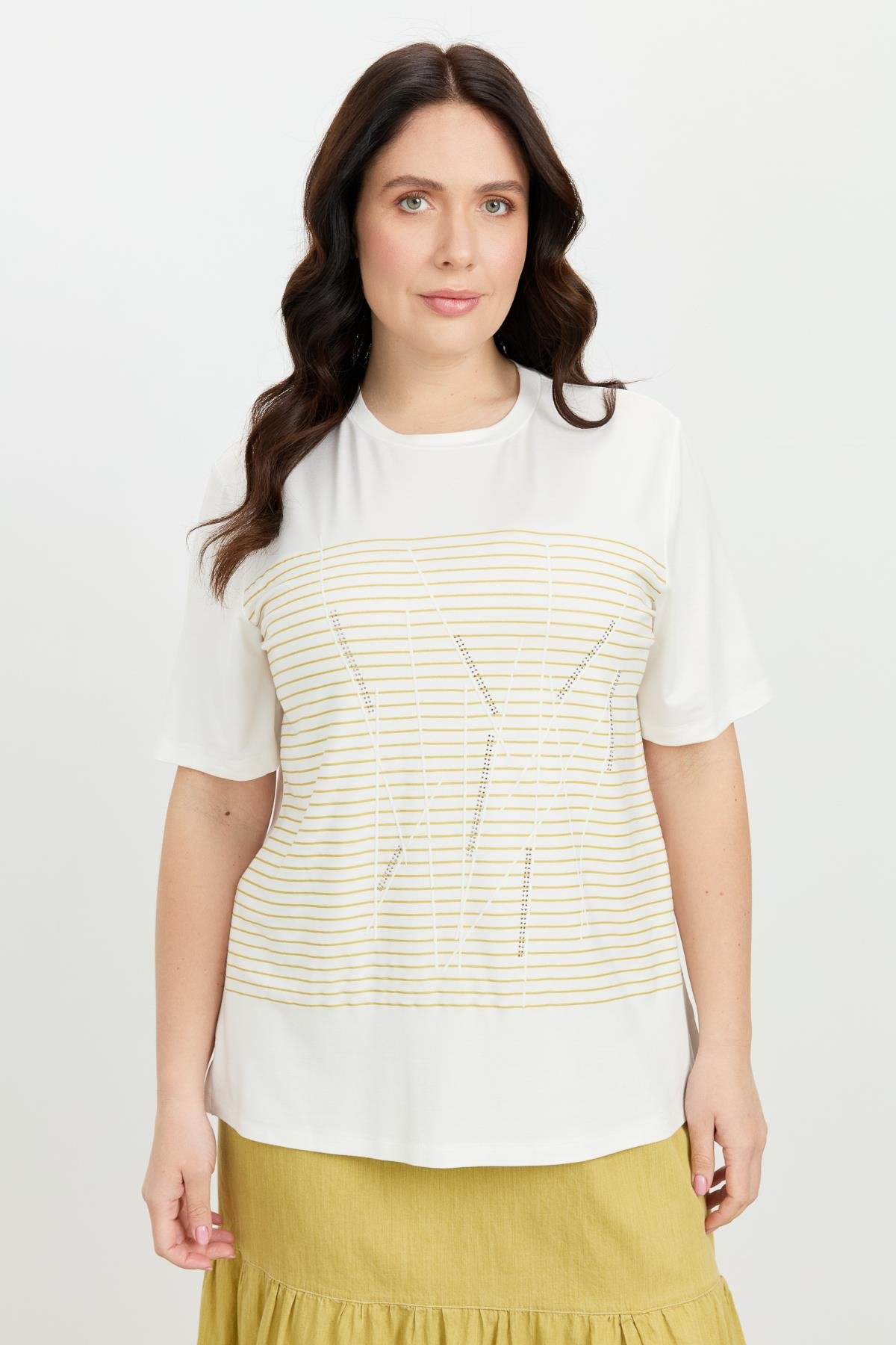 Büyük Beden Çizgi Desen Bluz-SAFRAN