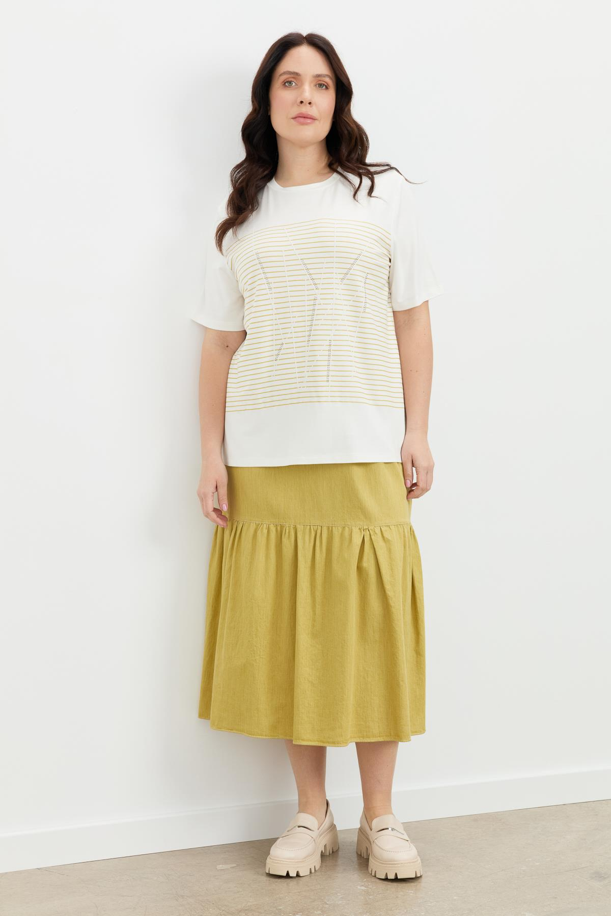 Büyük Beden Çizgi Desen Bluz-SAFRAN