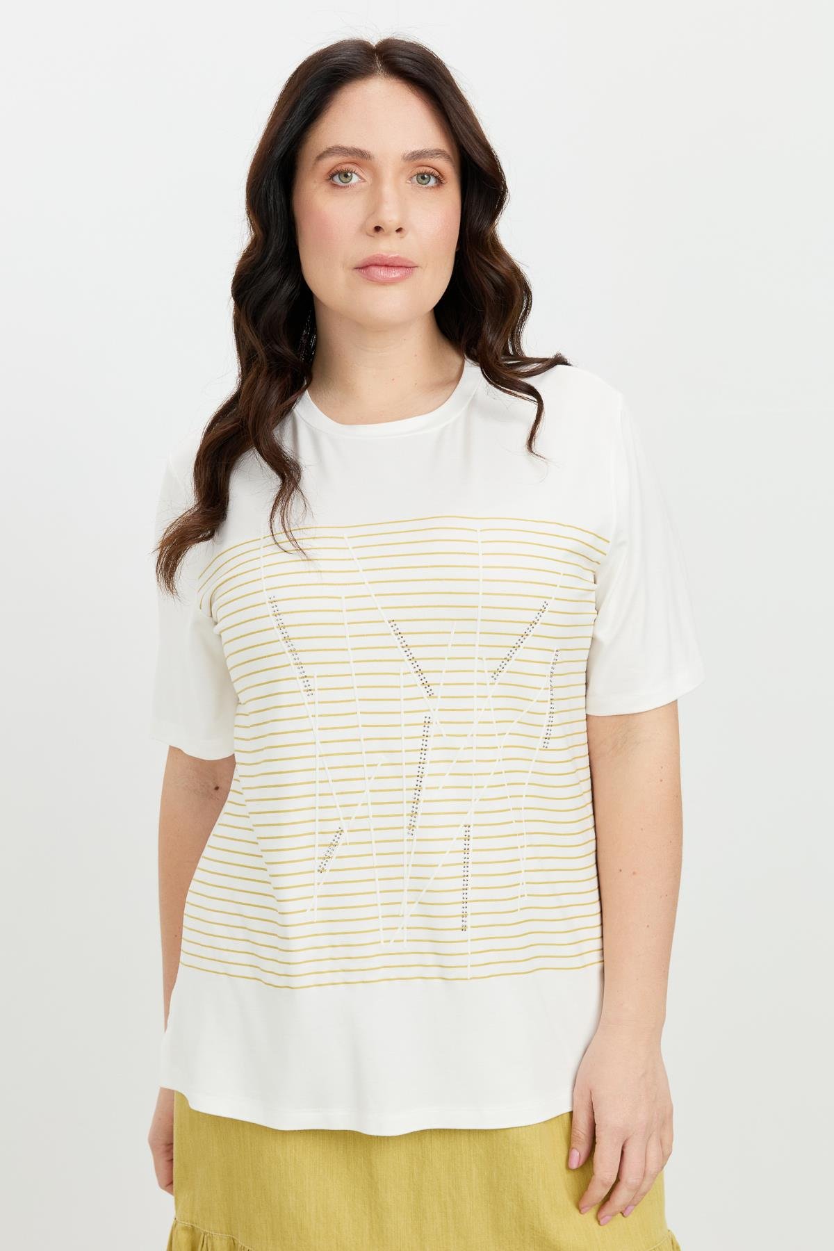 Büyük Beden Çizgi Desen Bluz-SAFRAN