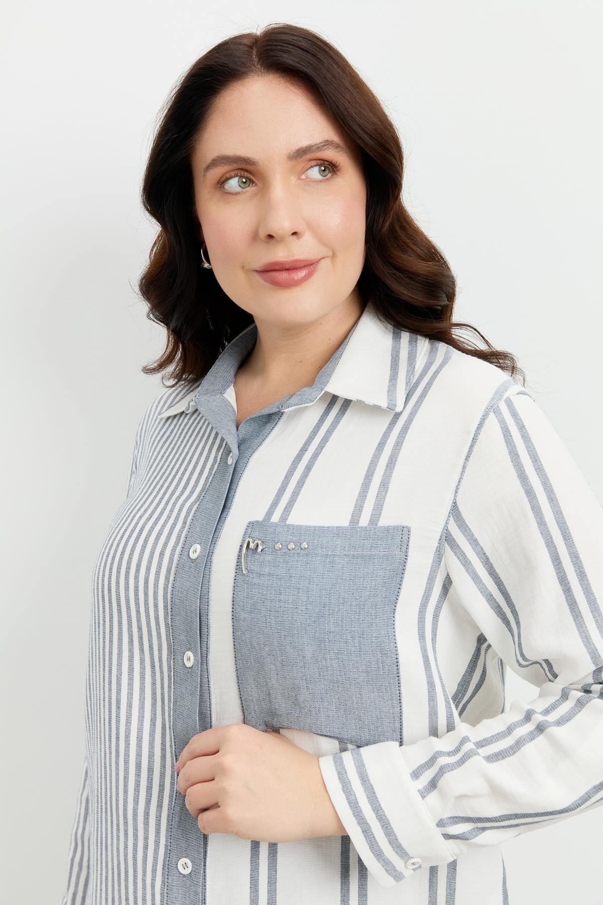 Büyük Beden Çizgi Desen Uzun Gömlek-MAVİ