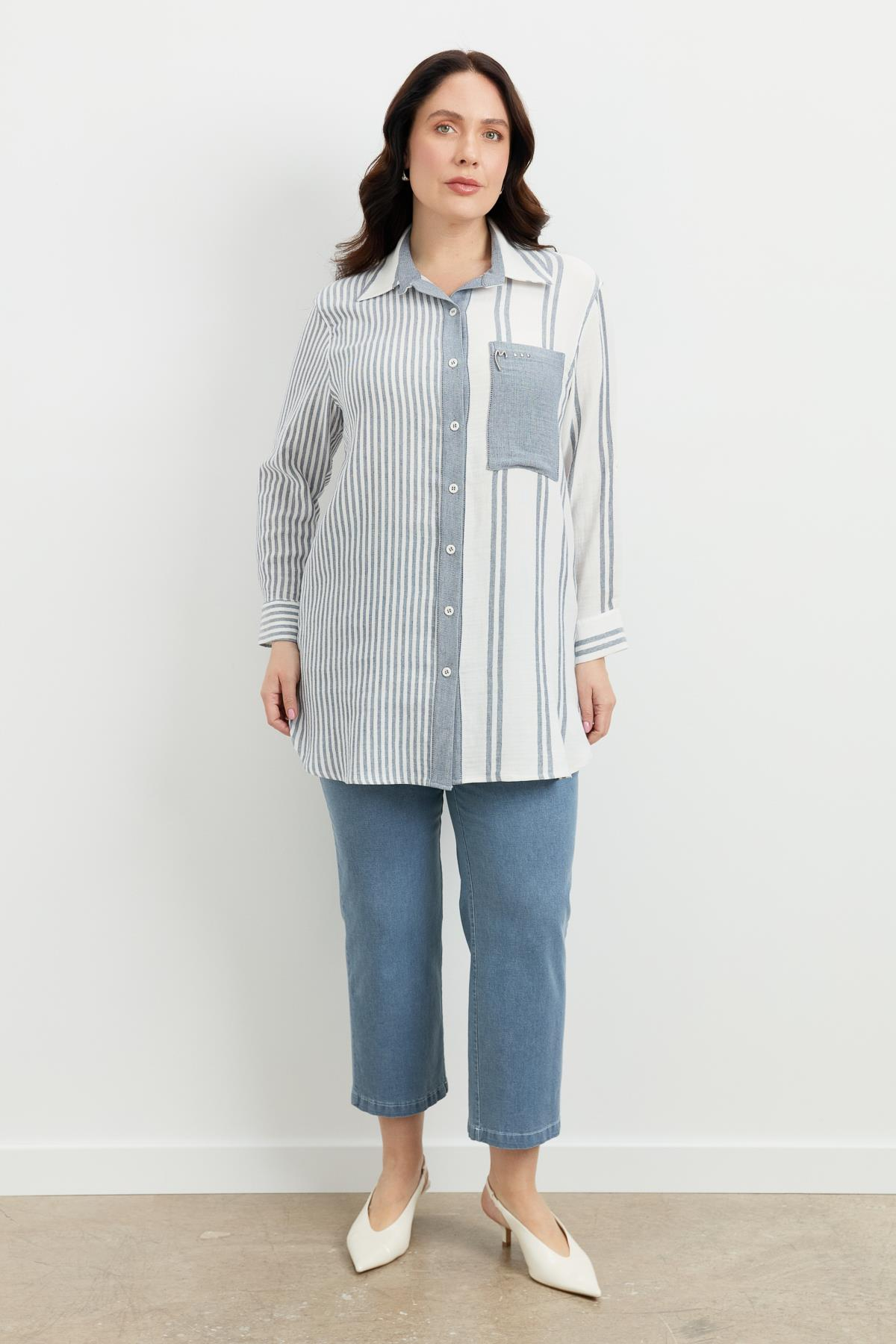 Büyük Beden Çizgi Desen Uzun Gömlek-MAVİ