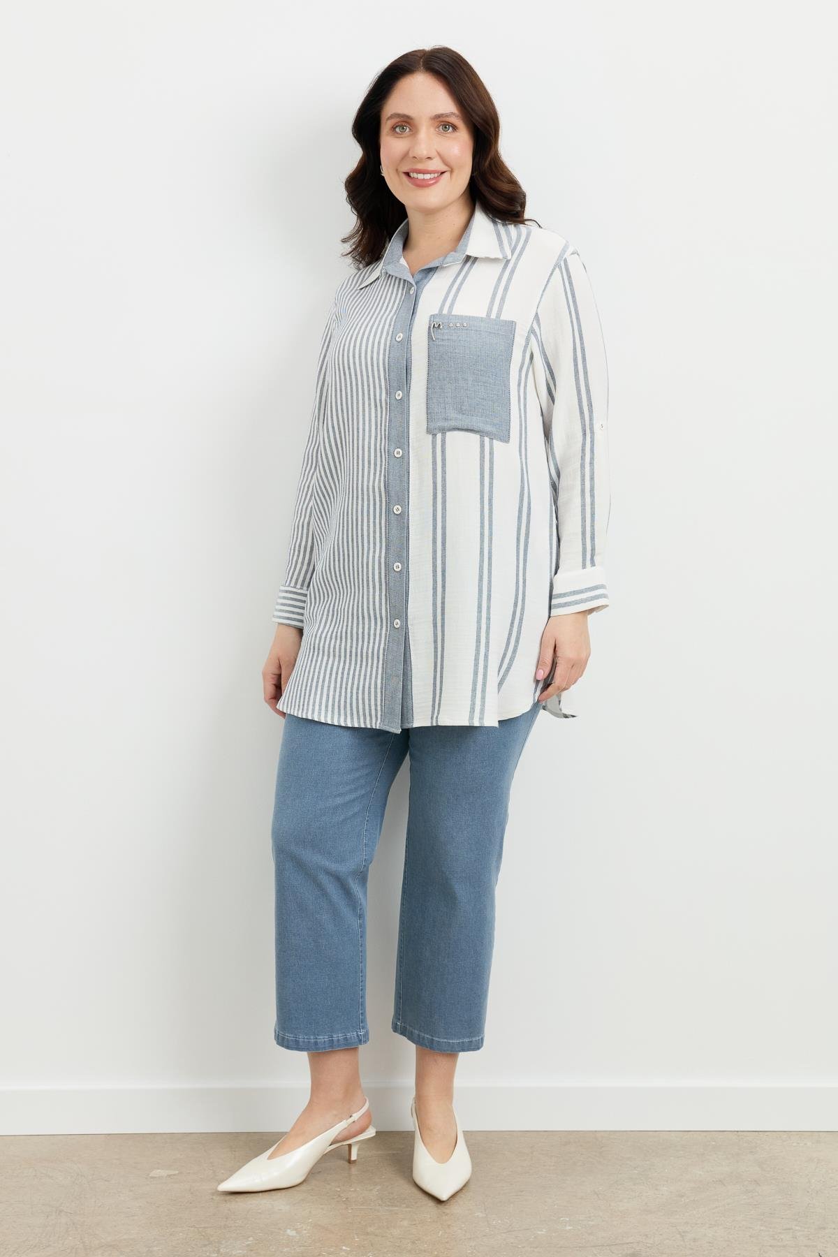 Büyük Beden Çizgi Desen Uzun Gömlek-MAVİ