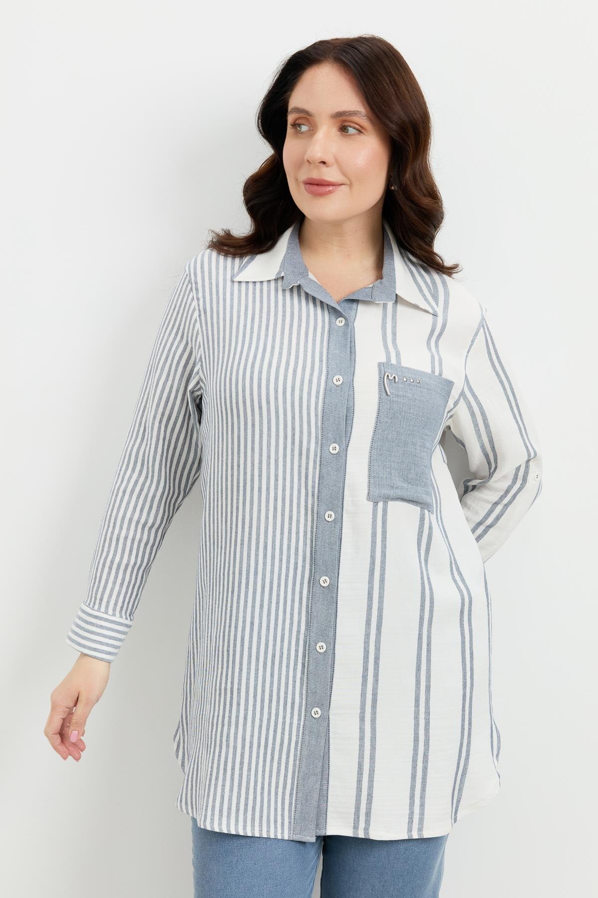 Büyük Beden Çizgi Desen Uzun Gömlek-MAVİ