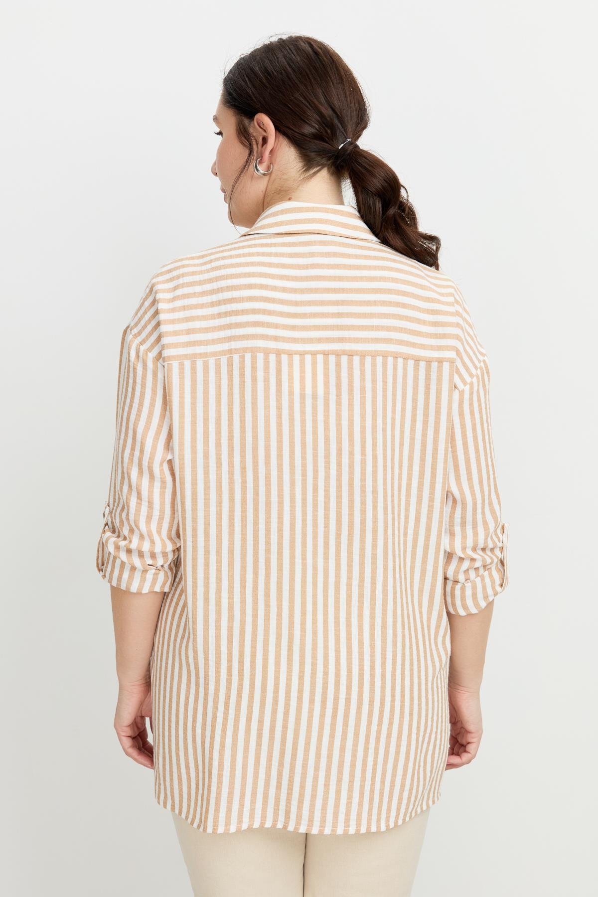Büyük Beden Çizgi Detaylı Gömlek-CAMEL